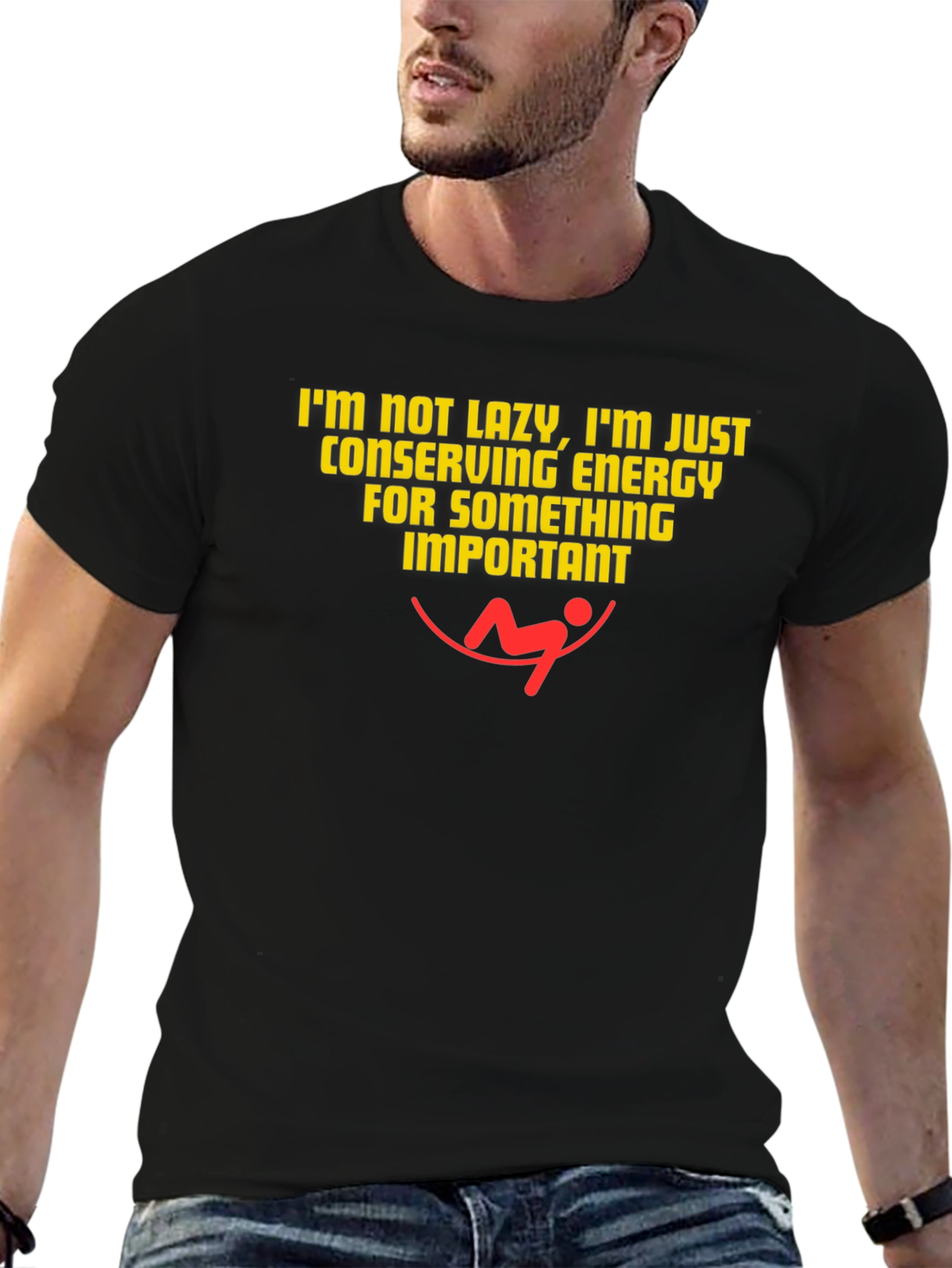Black Funny Lazy Energy Conserving Black T-Shirt view 6