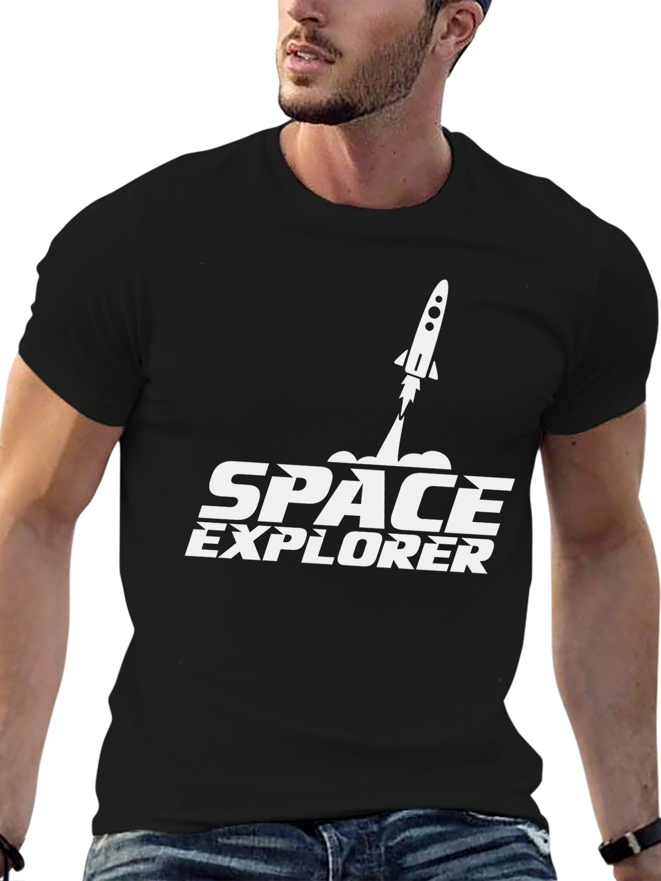 Black Space Explorer Black T-Shirt Rocket Design view 6
