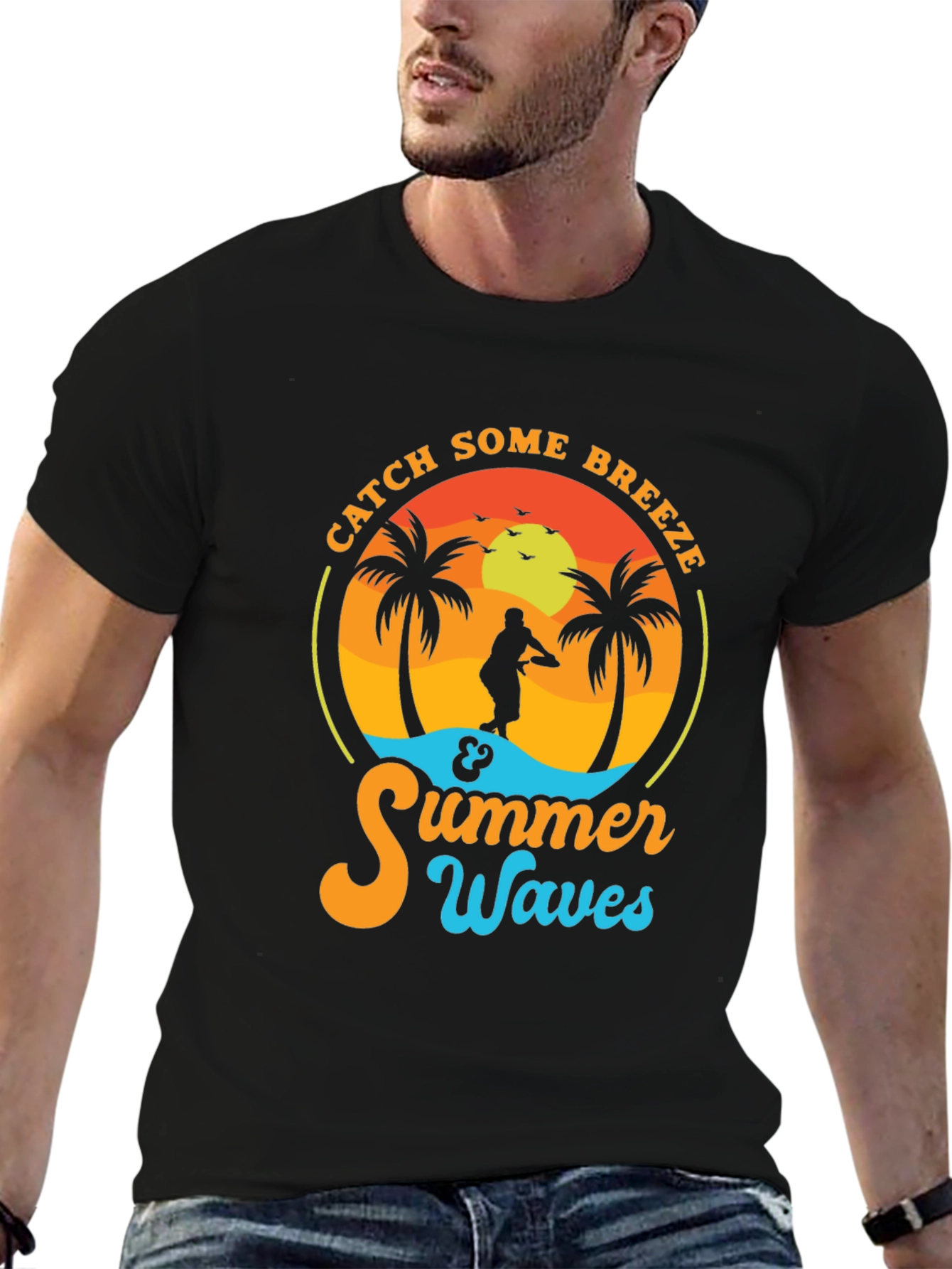 Black Catch Some Breeze Summer Waves Graphic Tee view 6