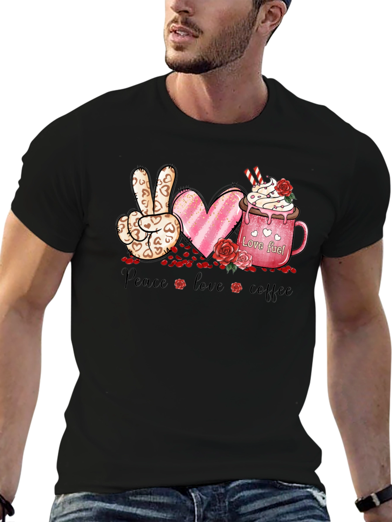 Black Peace Love Coffee Valentine T-Shirt view 6