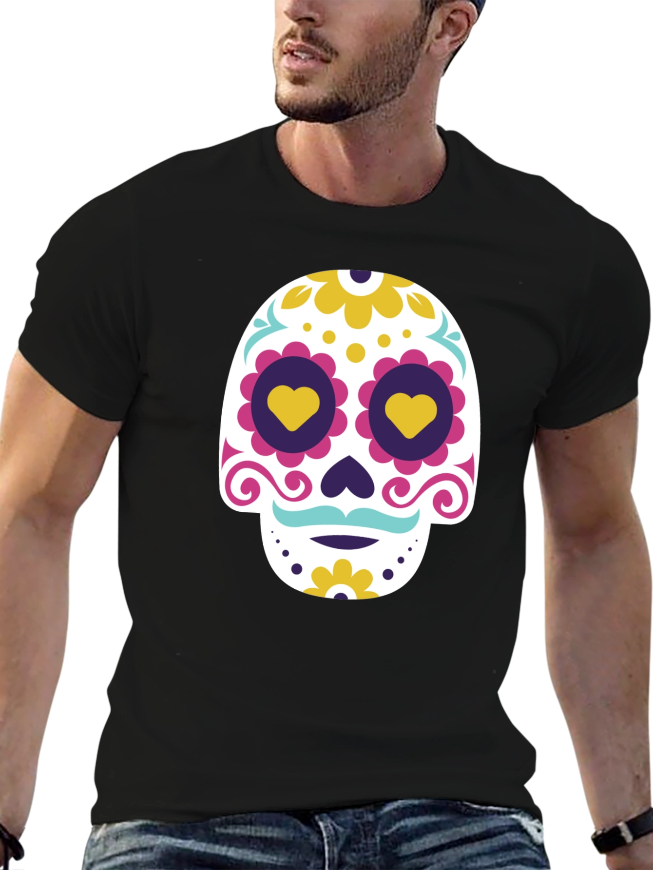 Black Black T-Shirt with Colorful Sugar Skull Graphic view 6