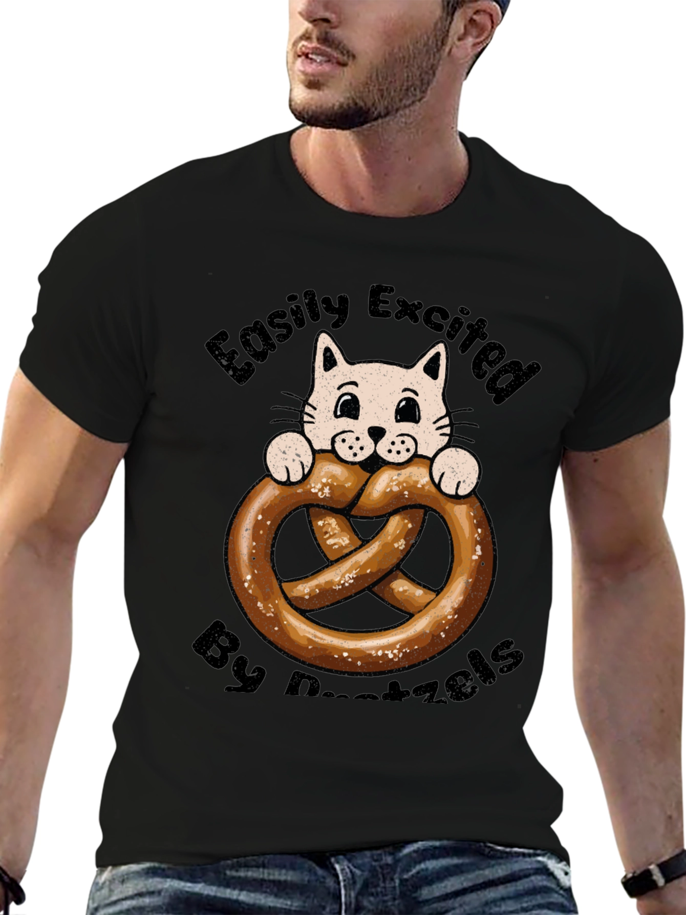 Black Easily Excited By Pretzels Cat T-Shirt view 6