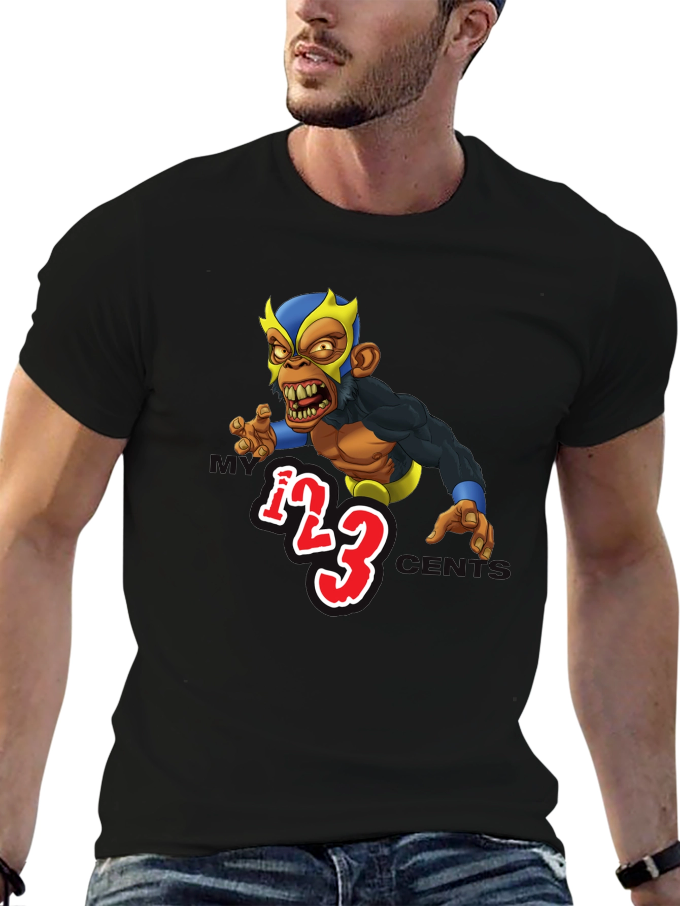 Black Wrestling Monkey Cartoon Graphic Black T-Shirt view 6
