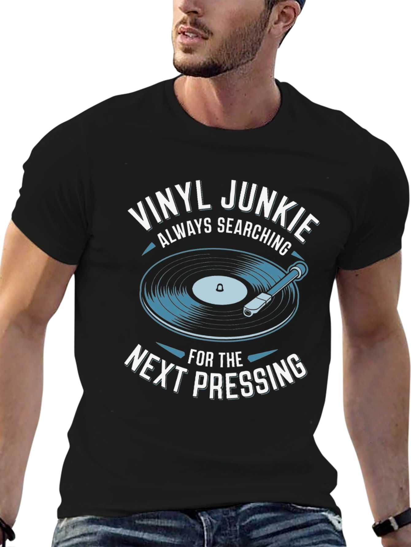 Black Vinyl Junkie T-Shirt - Always Searching view 6