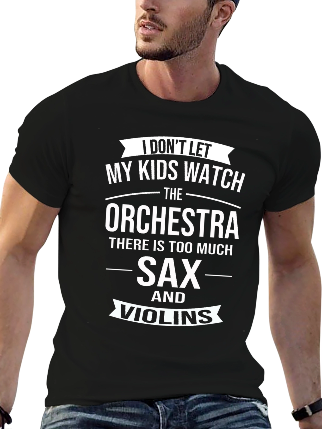 Black Funny Orchestra T-Shirt - Sax and Violins Graphic Tee view 6