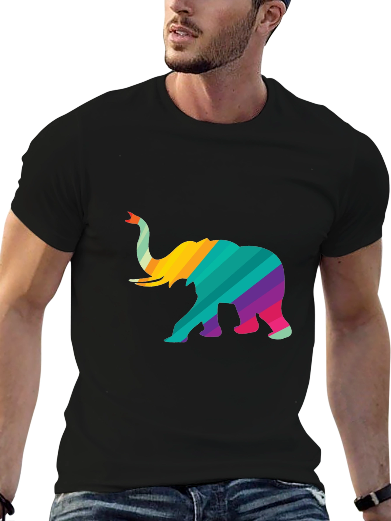 Black Rainbow Striped Elephant Graphic Tee - Unique Design view 6
