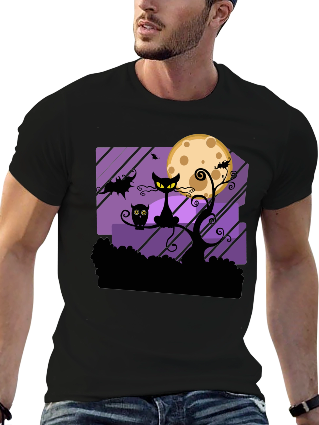 Black Halloween Black Cat & Moon Graphic T-Shirt view 6
