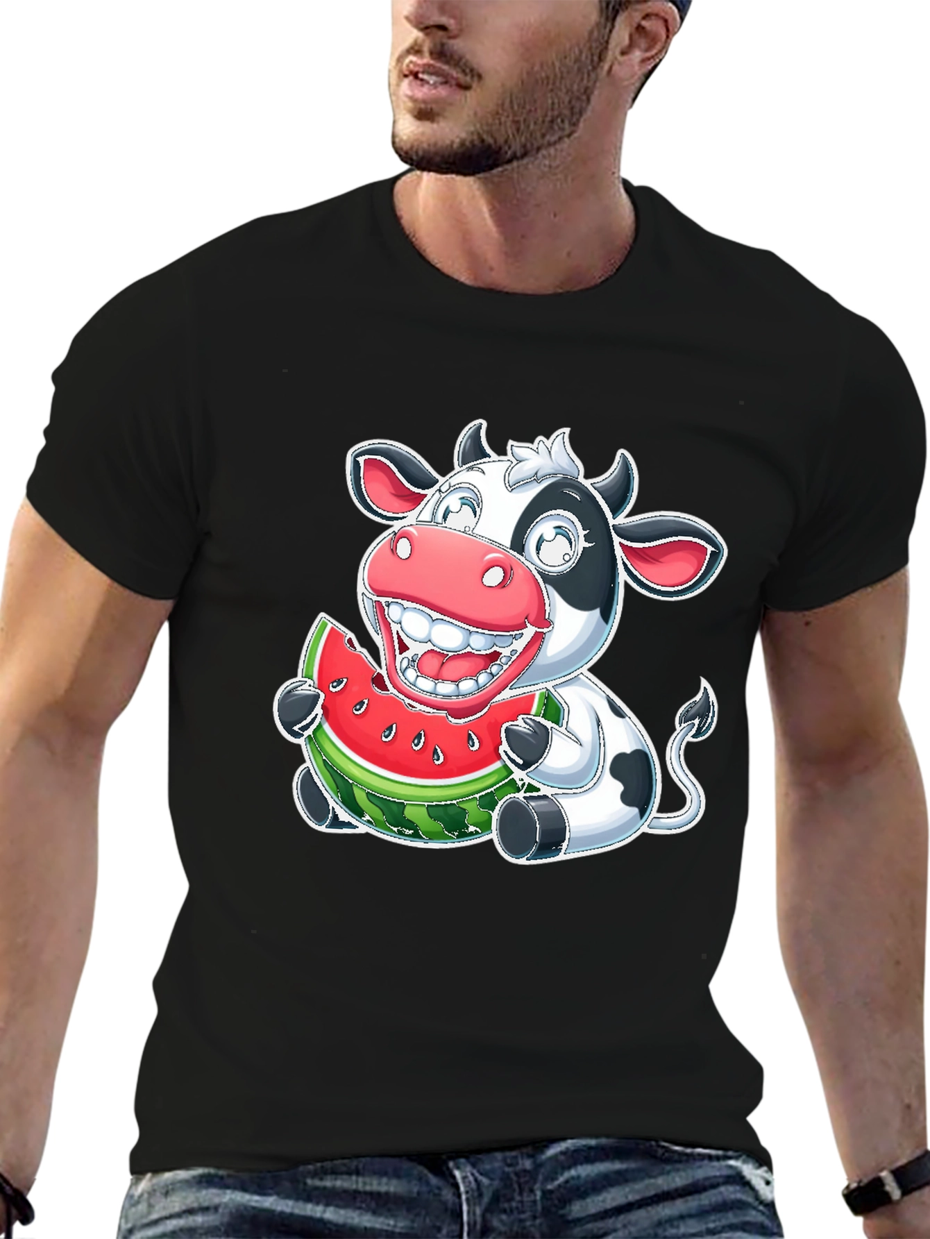 Black Funny Cow Watermelon Graphic T-Shirt view 6