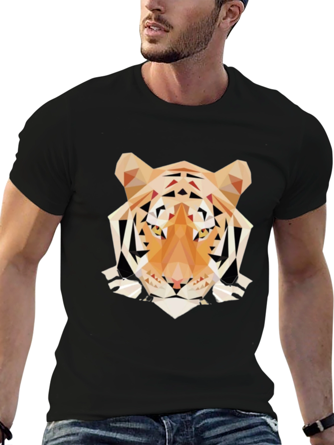 Black Geometric Tiger Graphic Tee - Trendy Men's Black T-Shirt view 6