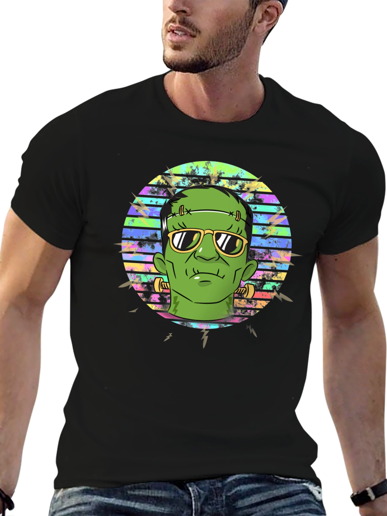 Black Frankenstein Graphic Tee - Retro Halloween T-Shirt view 6