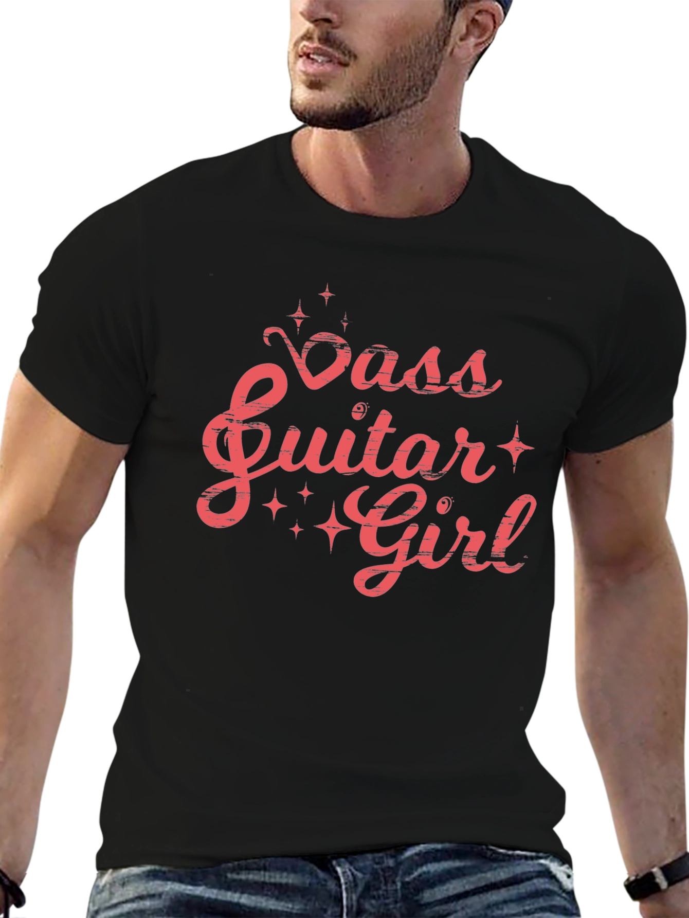 Black Bass Guitar Girl Graphic Tee - Black Cotton T-Shirt view 6
