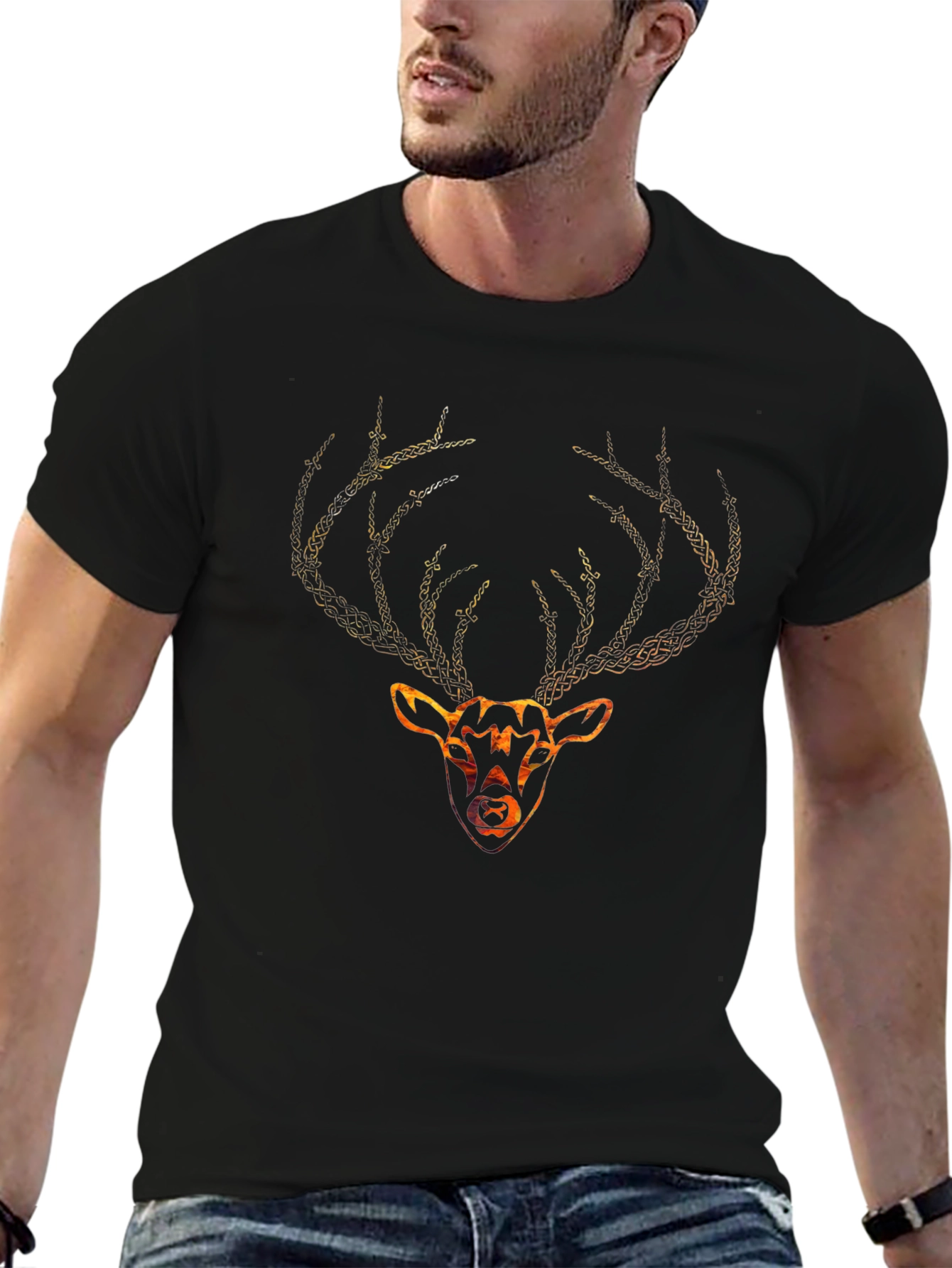 Black Celtic Deer Graphic Tee - Black Cotton T-Shirt view 6