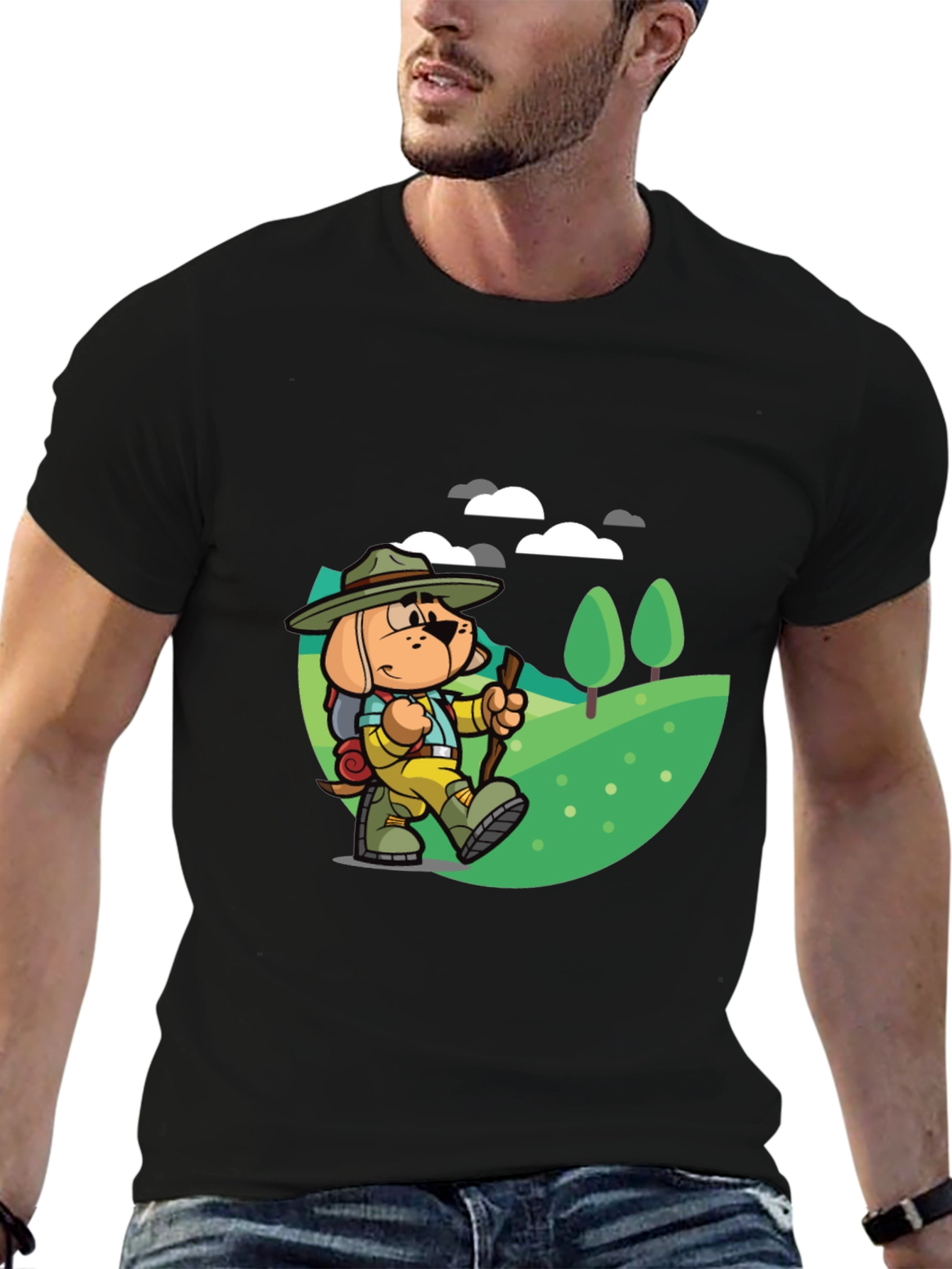 Black Cartoon Dog Hiking T-Shirt view 6