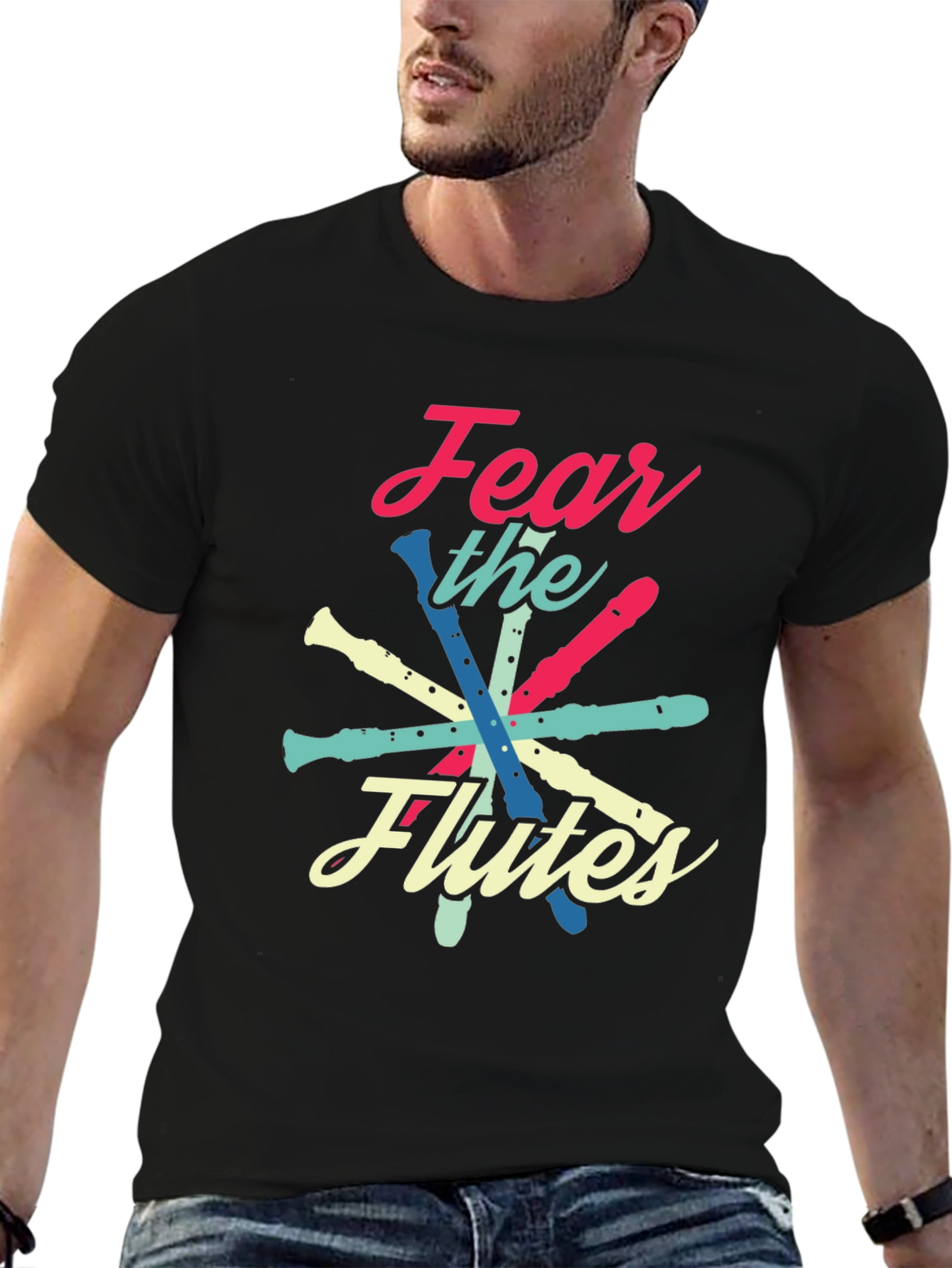 Black Fear the Flutes Music Lover T-Shirt view 6