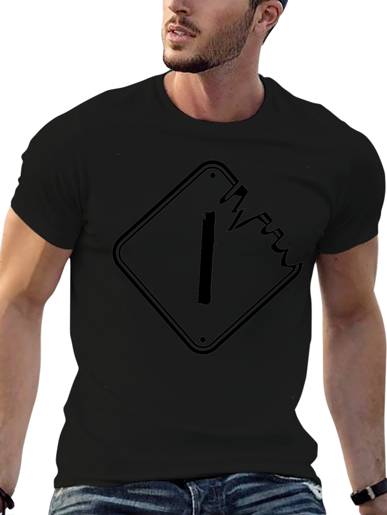 Black Edgy Cracked Sign Graphic Tee - Black Cotton T-Shirt view 6