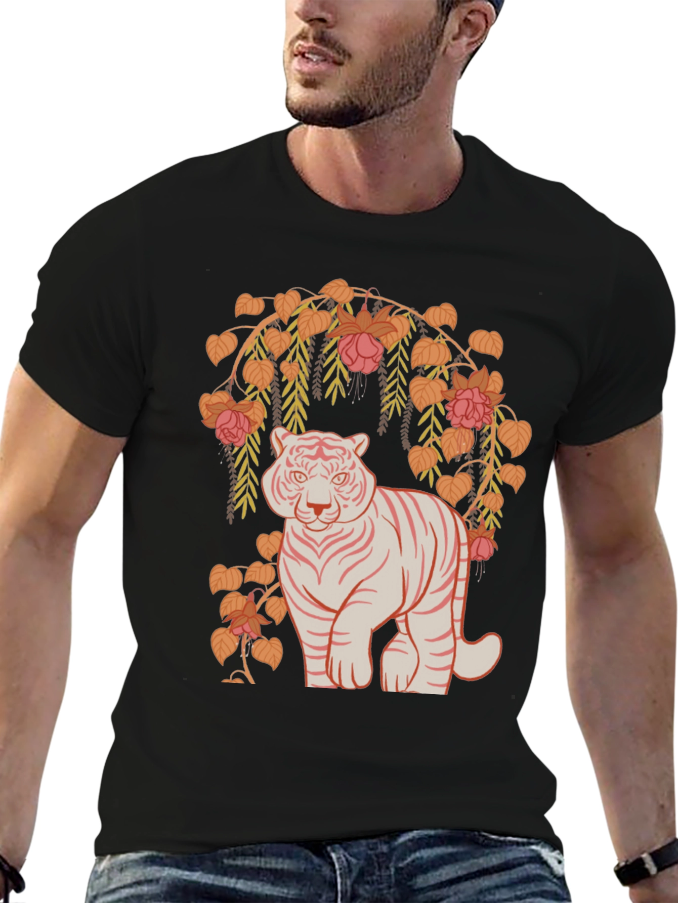 Black Tiger and Floral Graphic Tee - Black view 6