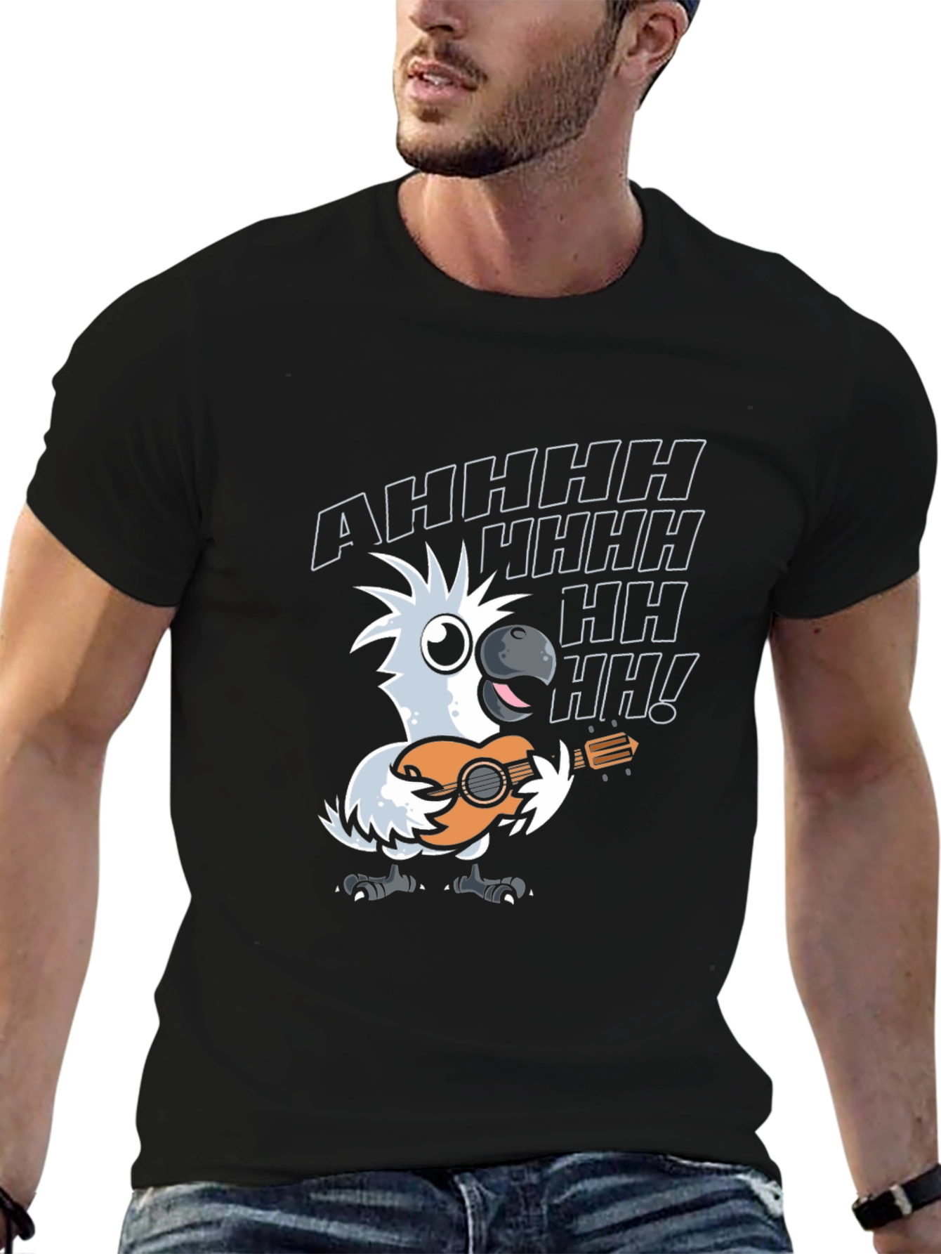 Black Parrot Guitar Player T-Shirt - Black Cotton Tee view 6