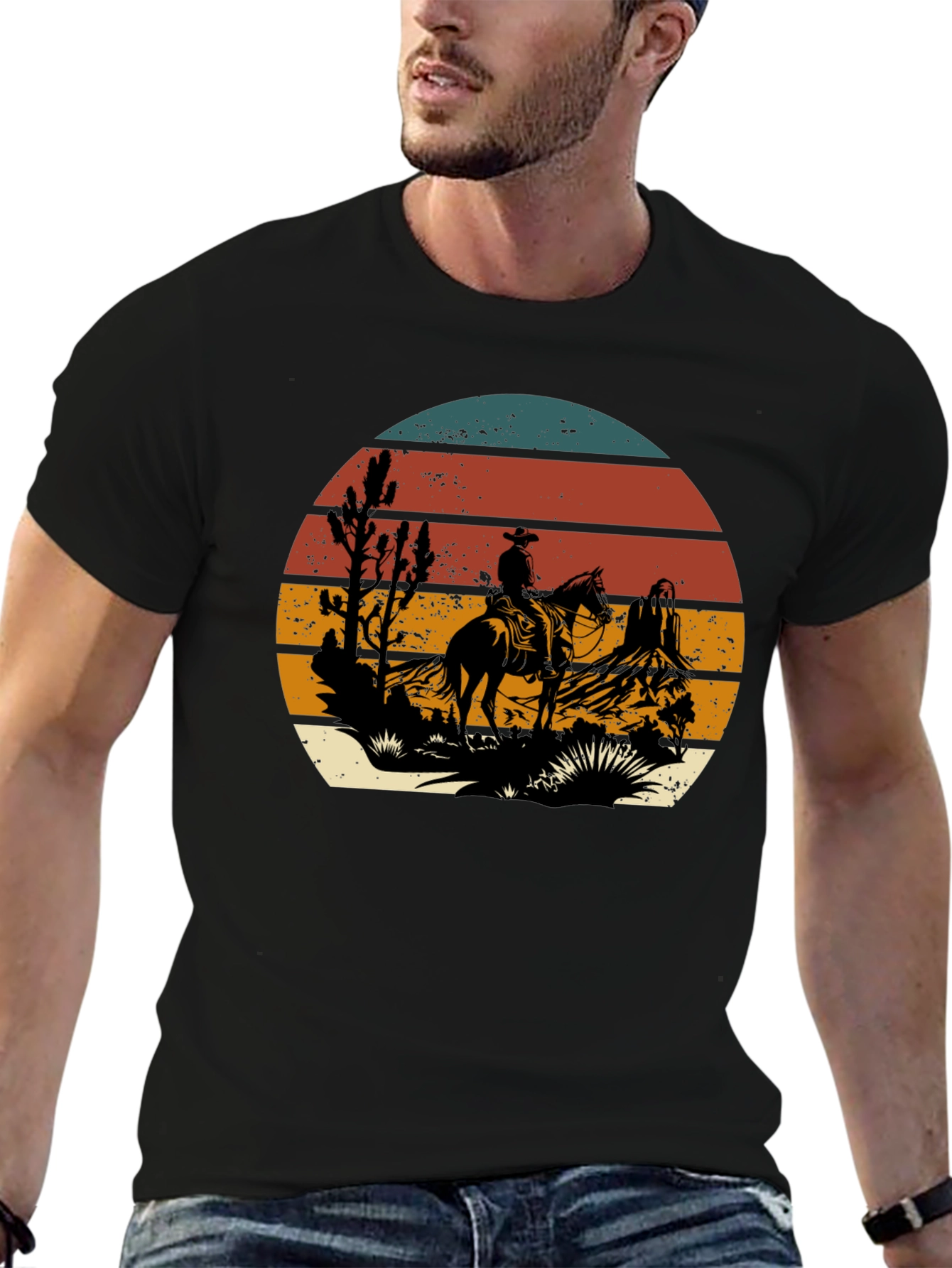 Black Western Cowboy Sunset Graphic T-Shirt view 6