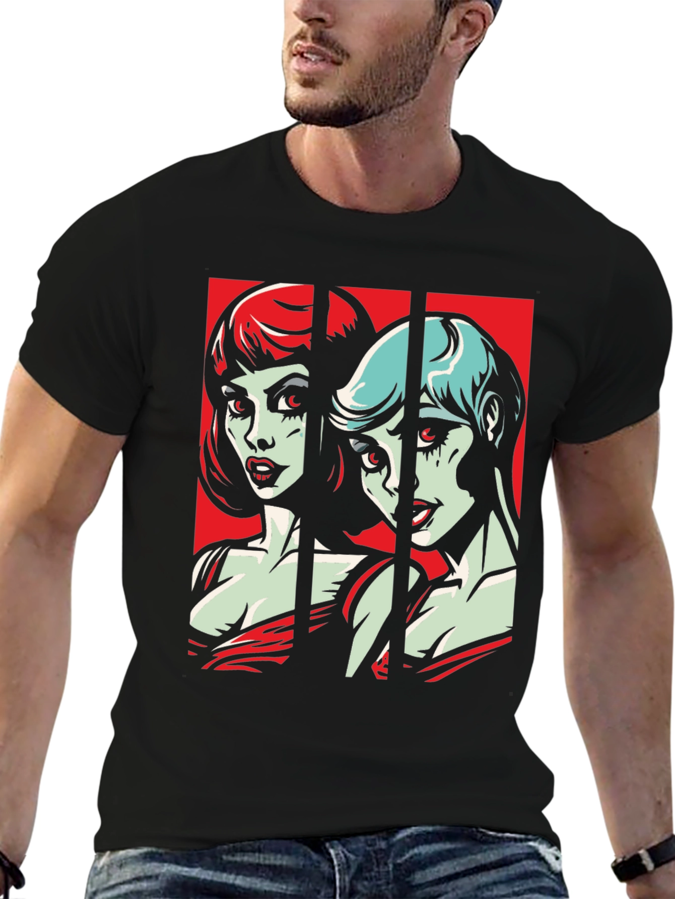 Black Retro Pop Art Vampire Women Black T-Shirt view 6