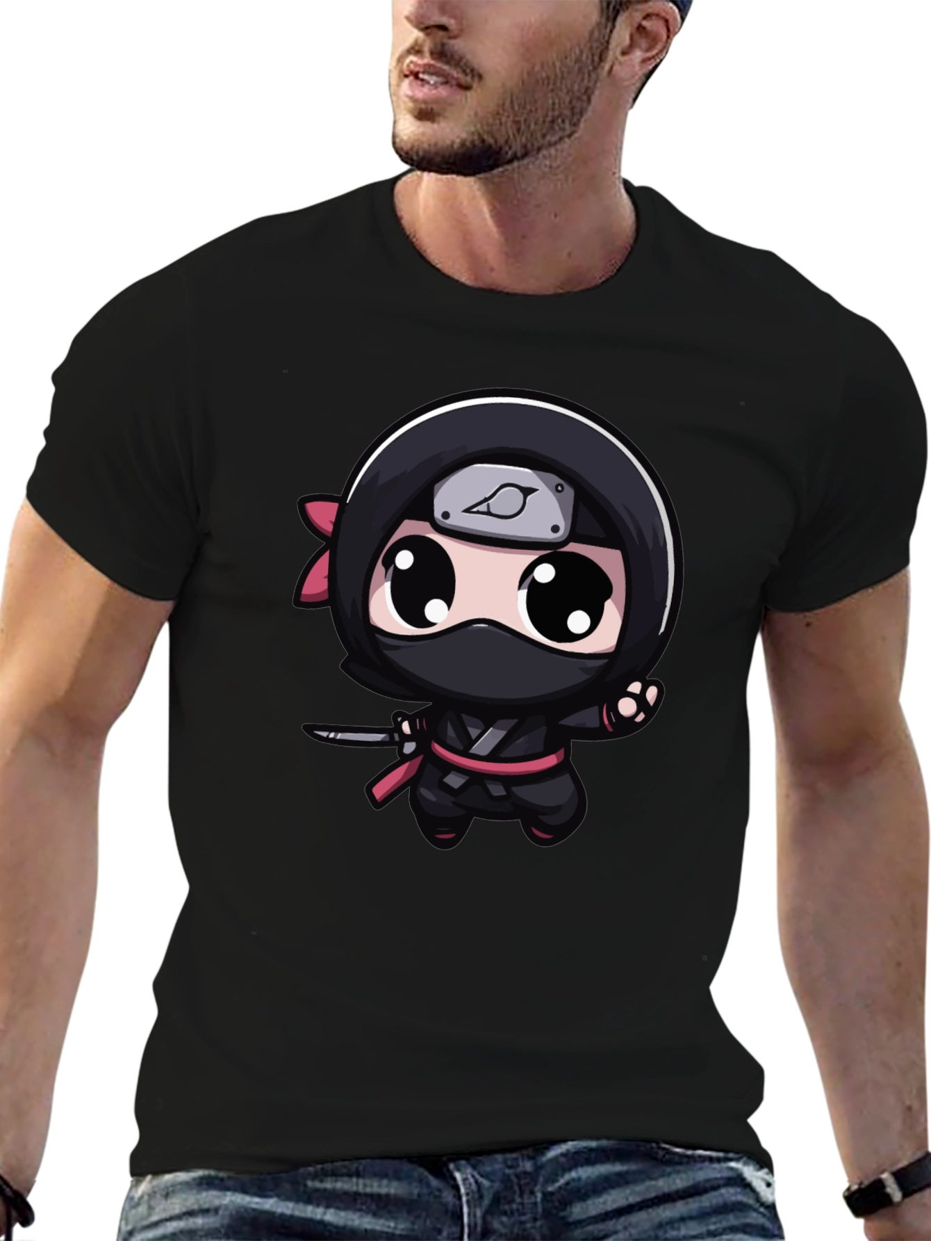 Black Kawaii Ninja Graphic Tee - Black Cotton Blend view 6