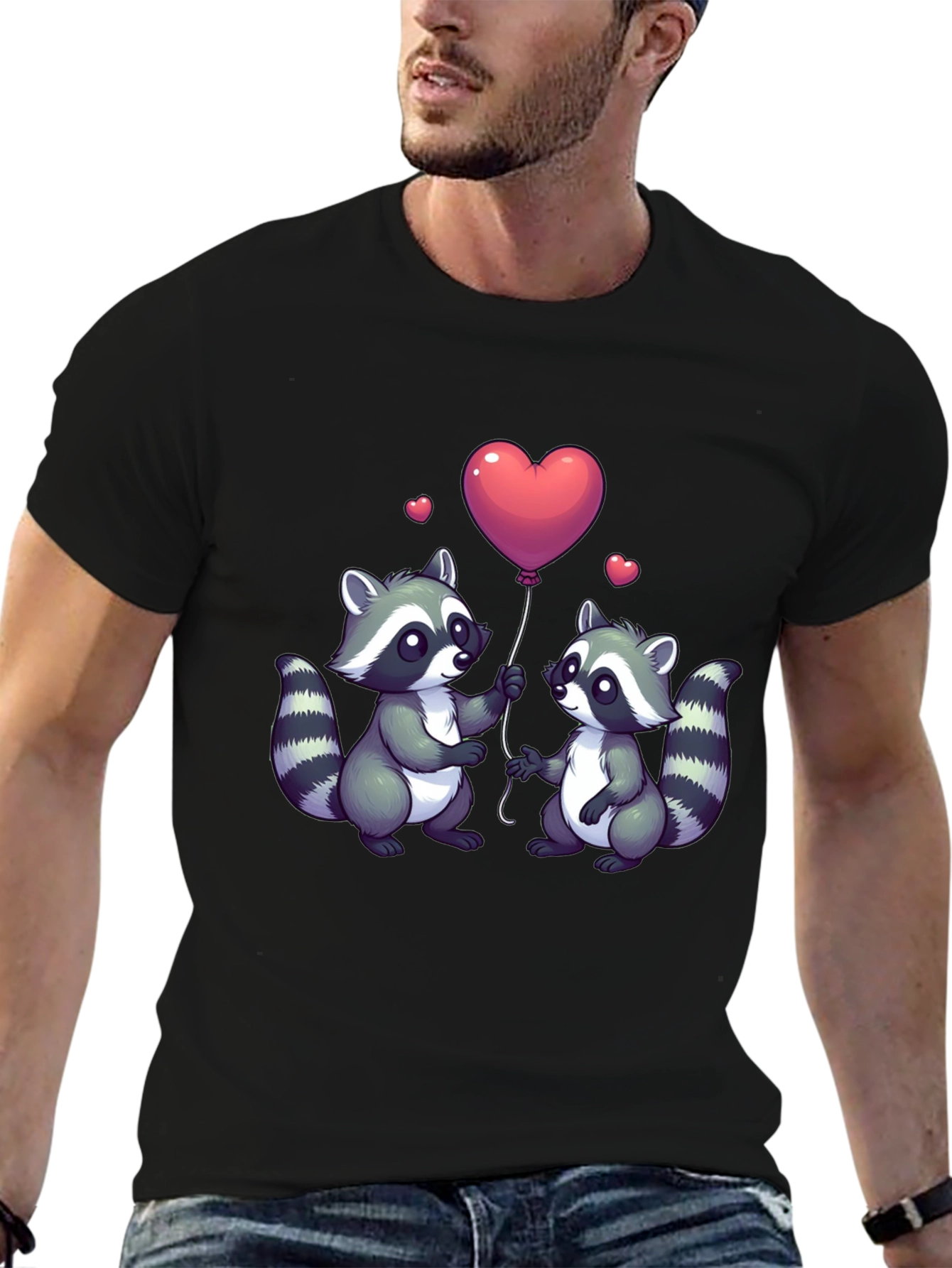 Black Cute Raccoon Love Balloon Graphic T-Shirt view 6