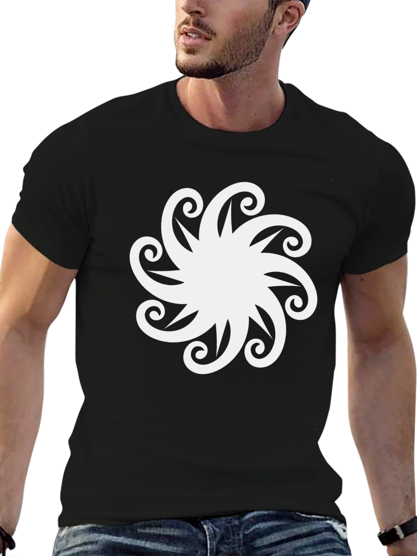 Black Stylish Black T-Shirt with White Floral Design view 6