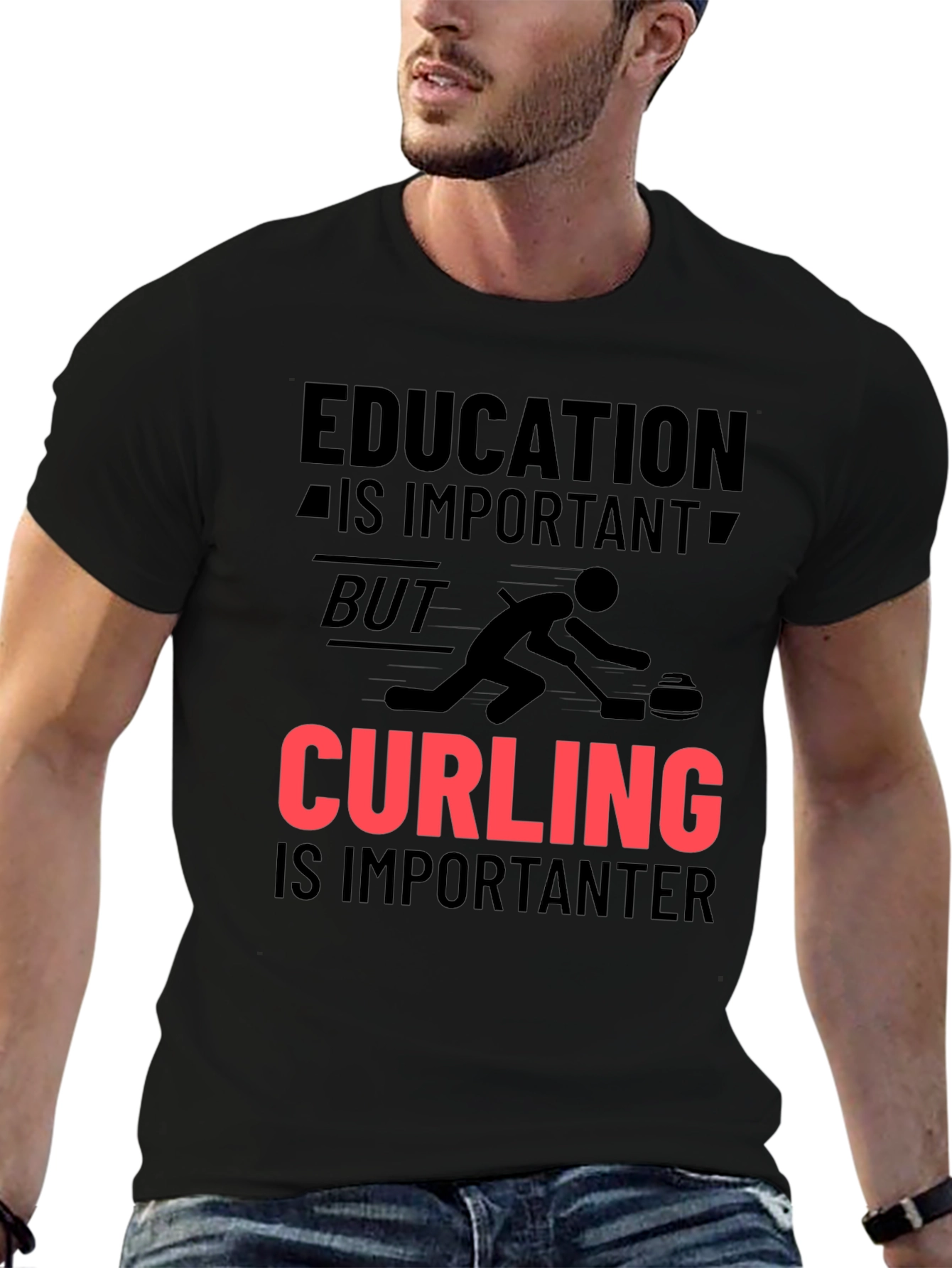 Black Funny Curling T-Shirt: Education vs Curling view 6