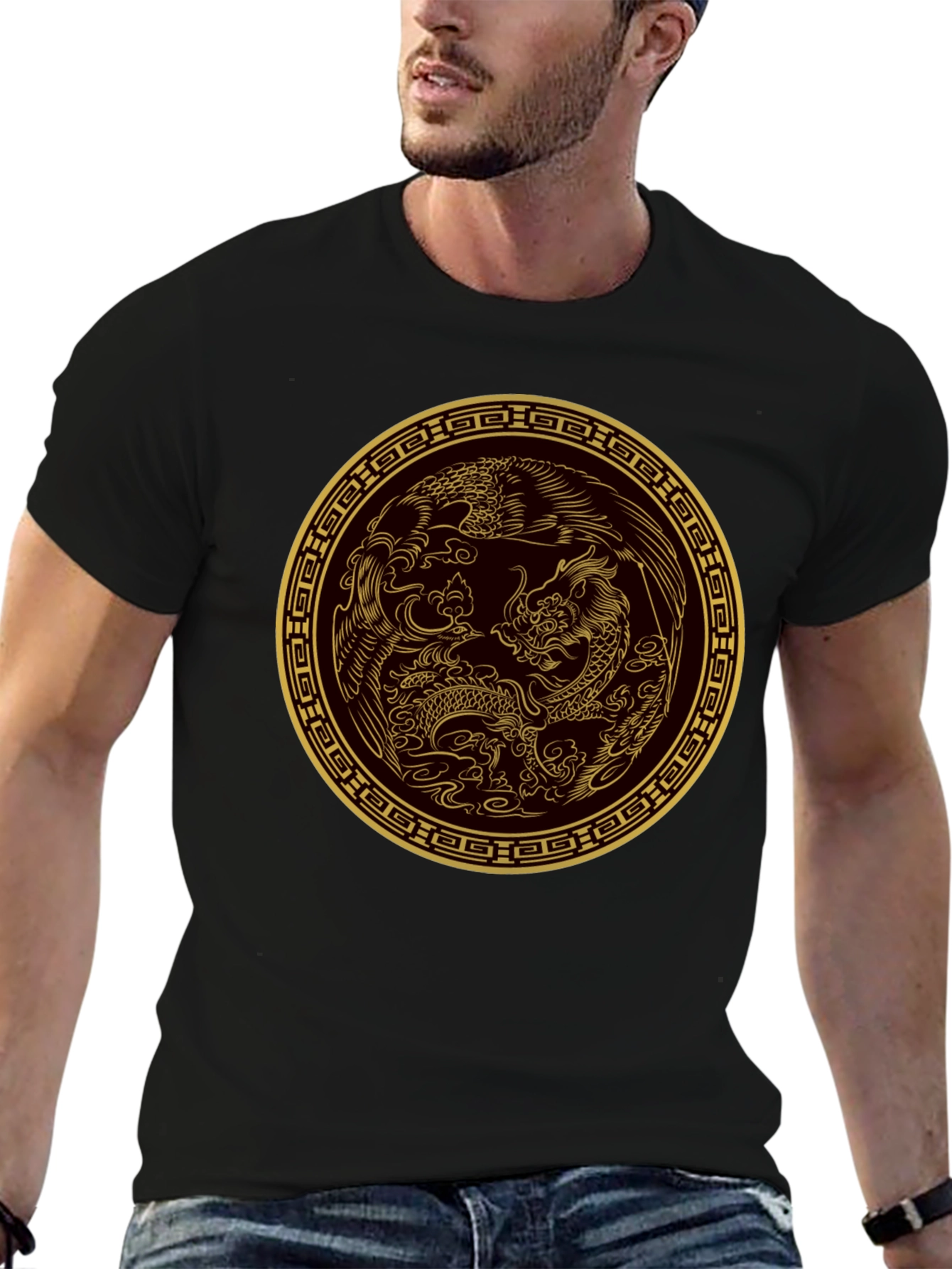 Black Dragon and Phoenix Gold Print Black T-Shirt view 6