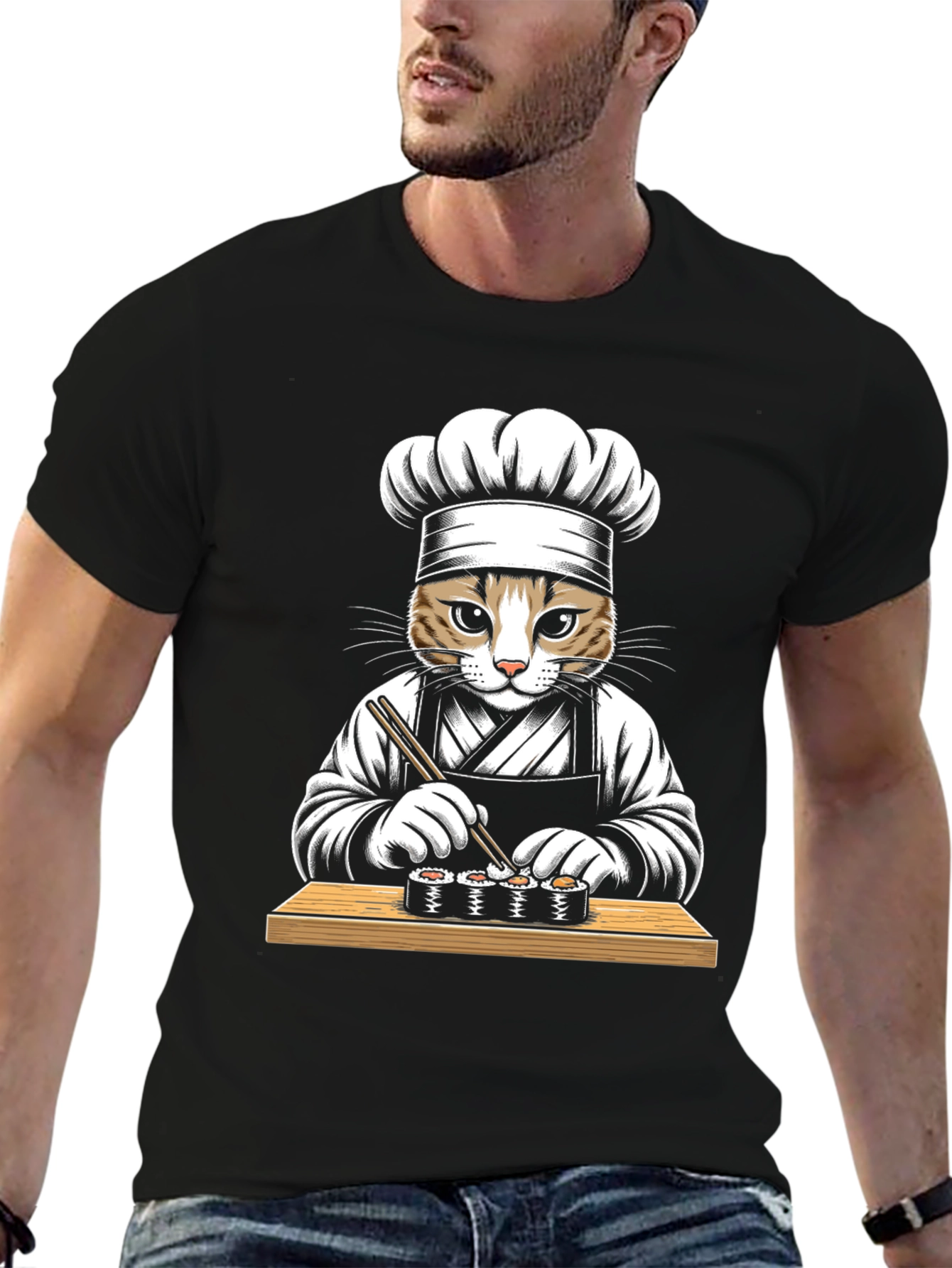 Black Cat Sushi Chef Graphic Tee - Unisex Black T-Shirt view 6