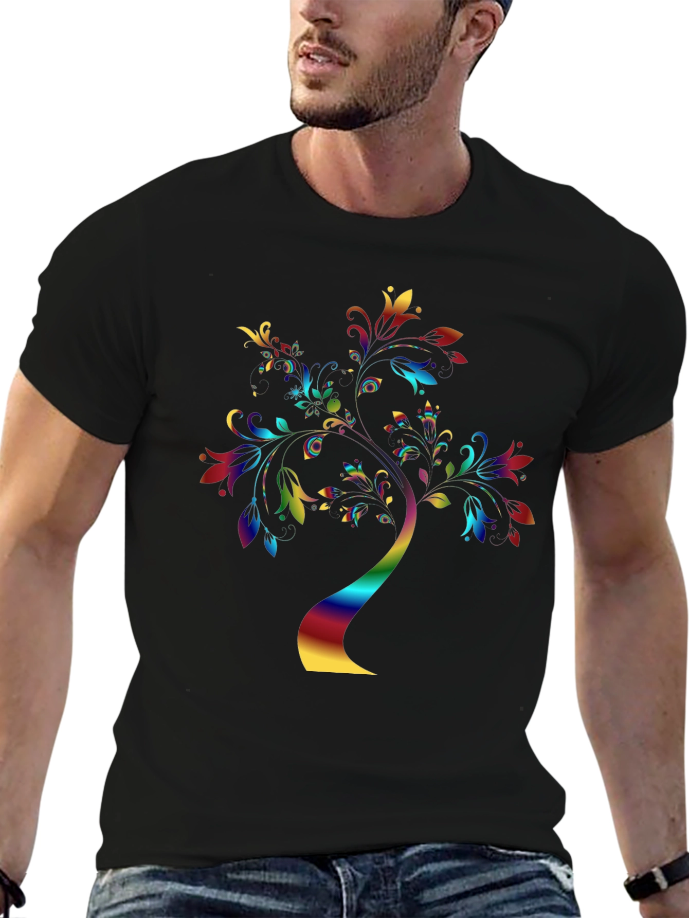 Black Rainbow Tree Graphic Tee - Stylish Black T-Shirt view 6