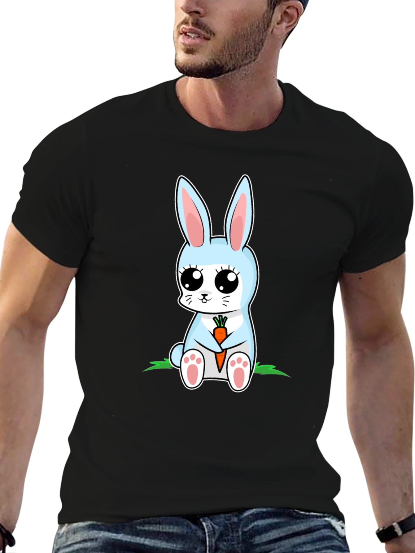 Black Cute Bunny Holding Carrot Graphic T-Shirt view 6