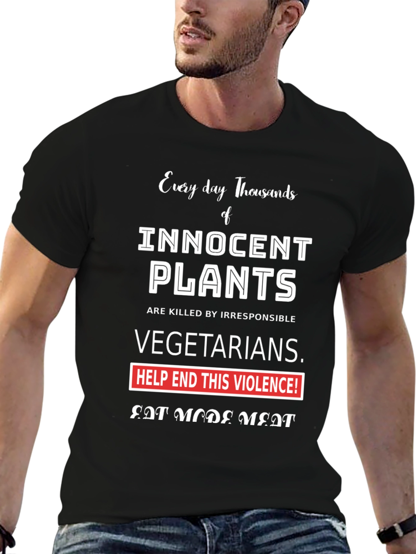 Black Eat More Meat Graphic Tee - Anti-Vegetarian Humor T-Shirt view 6