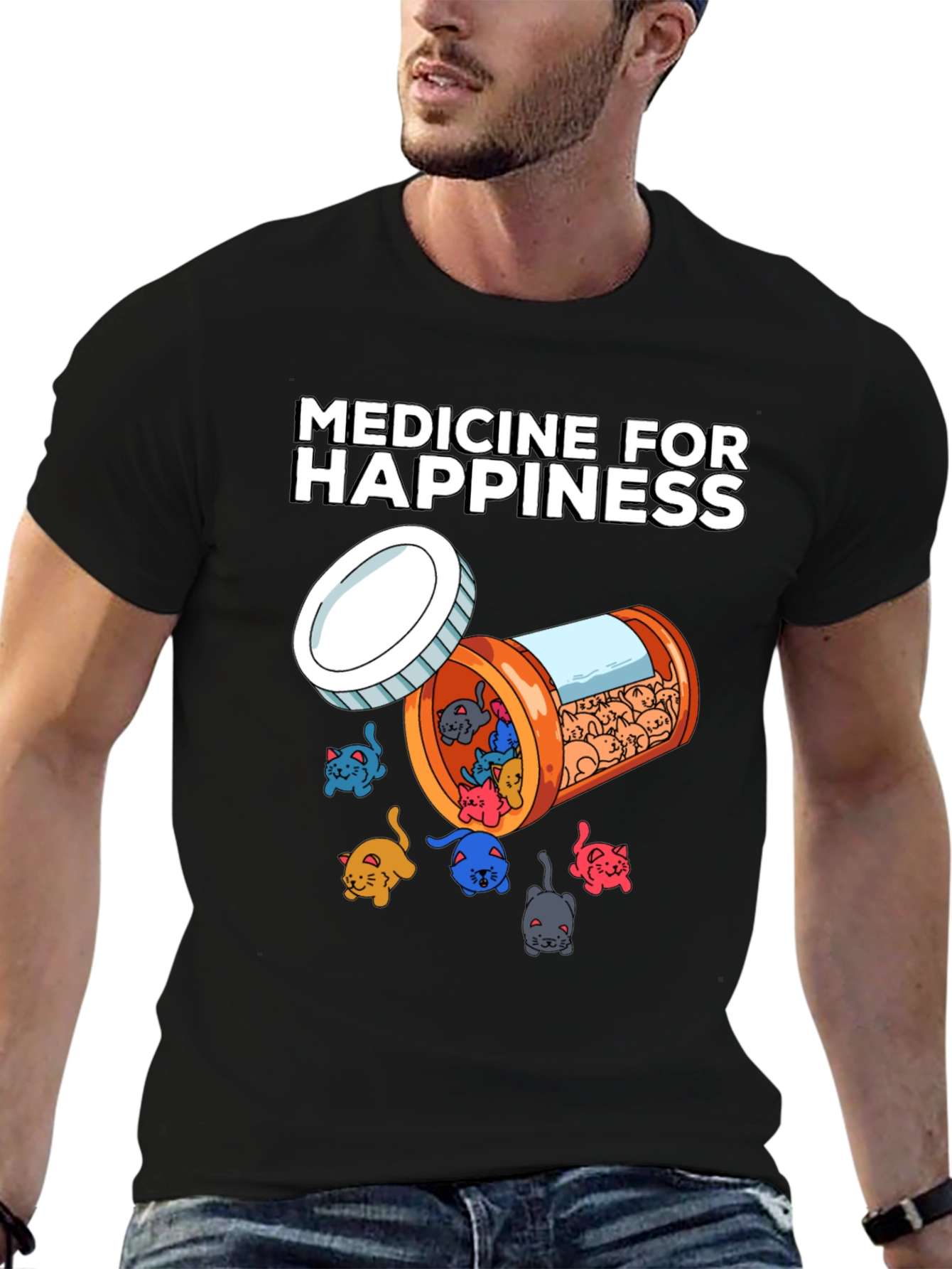 Black Medicine For Happiness Cat Lover T-Shirt view 6