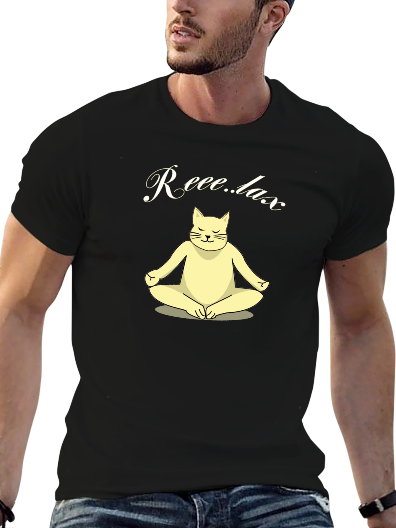 Black Relaxing Cat T-Shirt - Meditating Feline Tee view 6