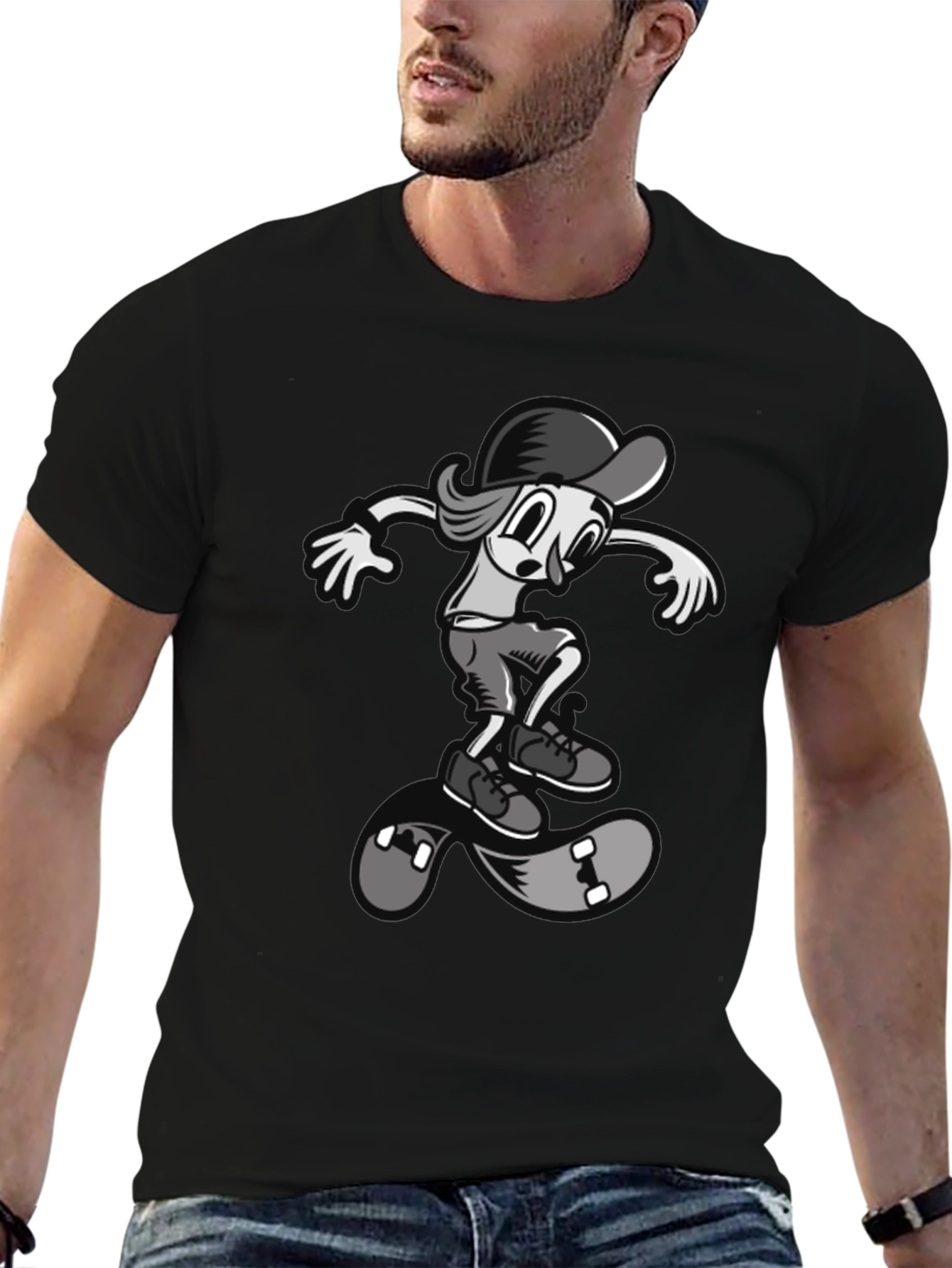 Black Skateboard Cartoon Tee - Cool Graphic Design view 6