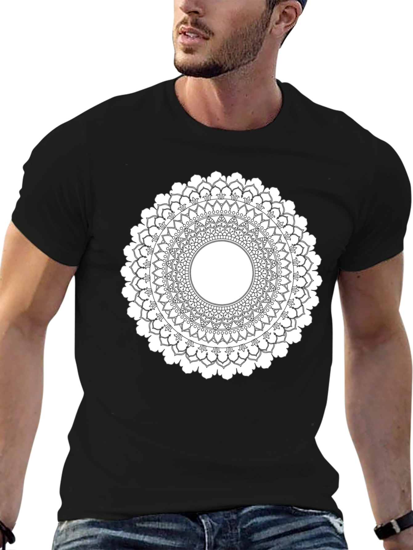 Black Black Mandala T-Shirt - Geometric Pattern view 6