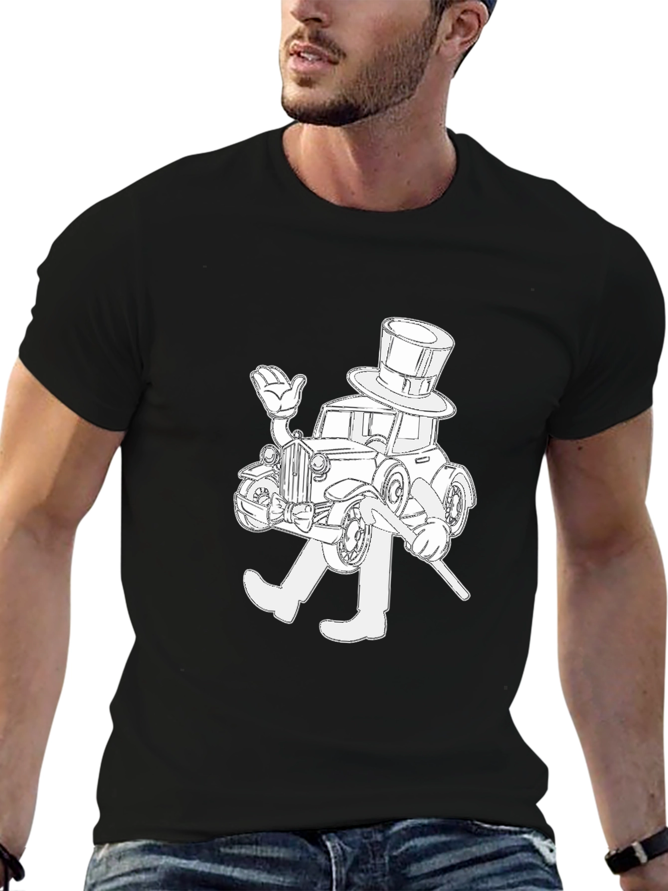 Black Monopoly Man Car Black T-Shirt view 6