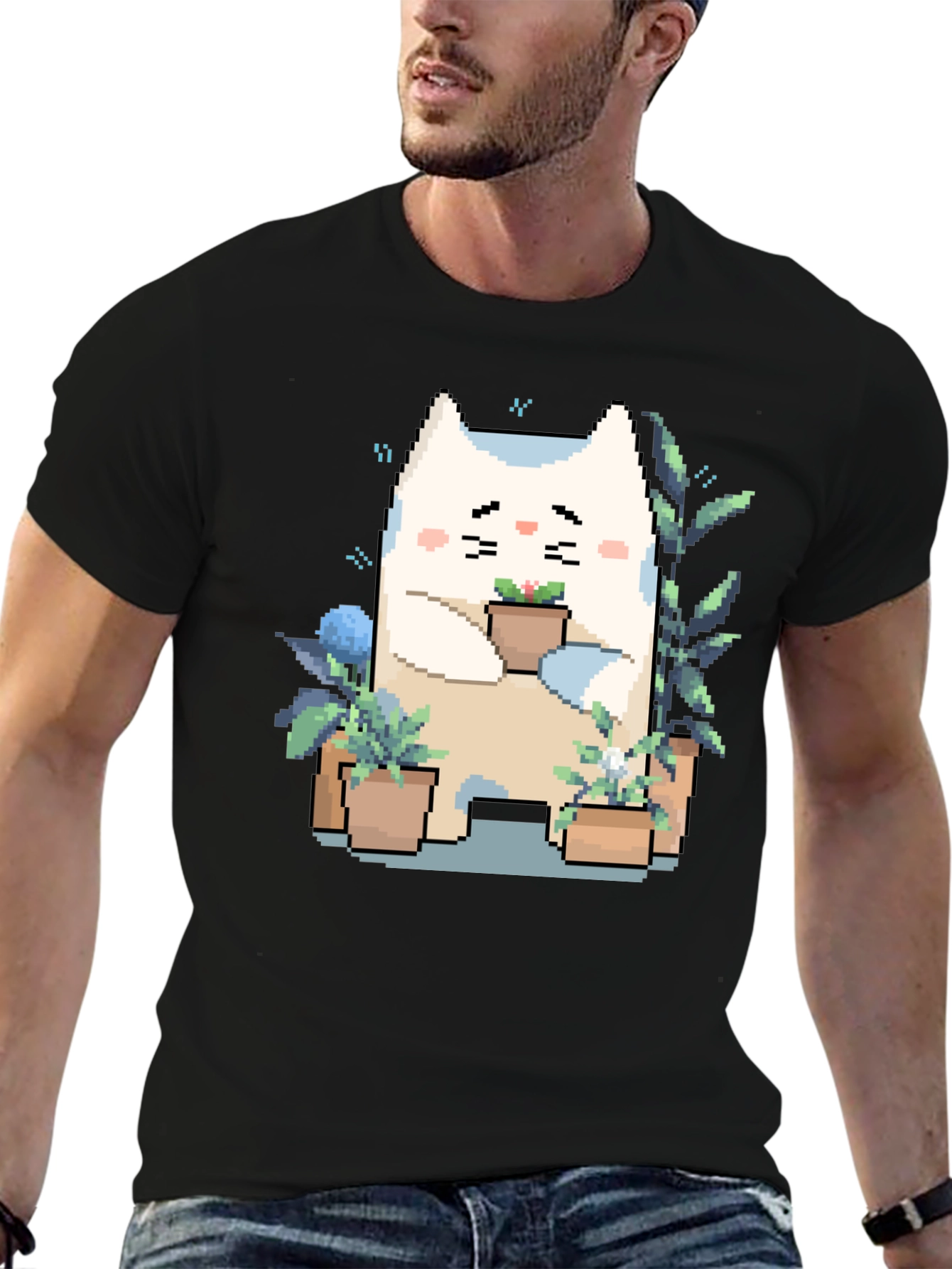 Black Cute Pixel Cat with Plants Black T-Shirt view 6