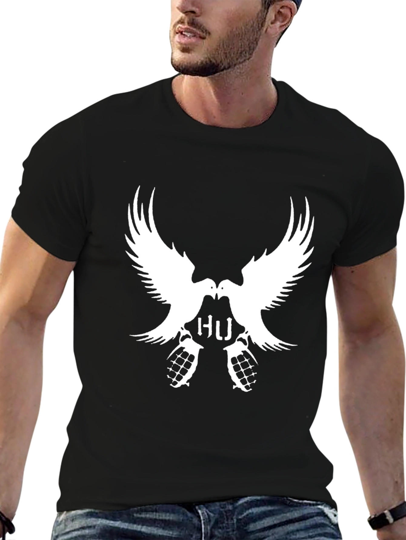 Black Statement Black T-Shirt with Dove & Grenade Design view 6