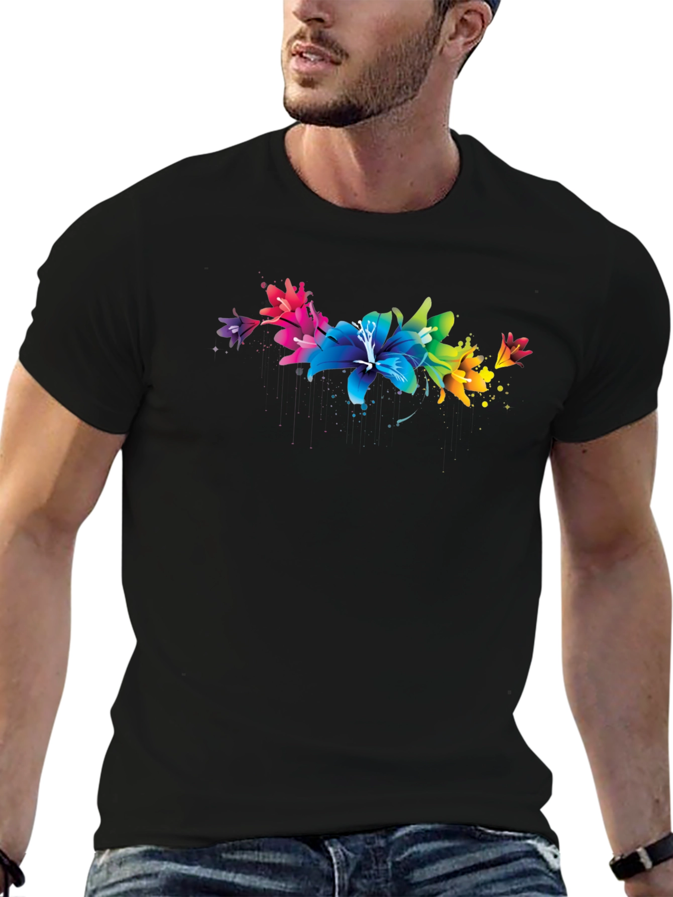 Black Rainbow Lily T-Shirt - Vibrant Floral Design view 6