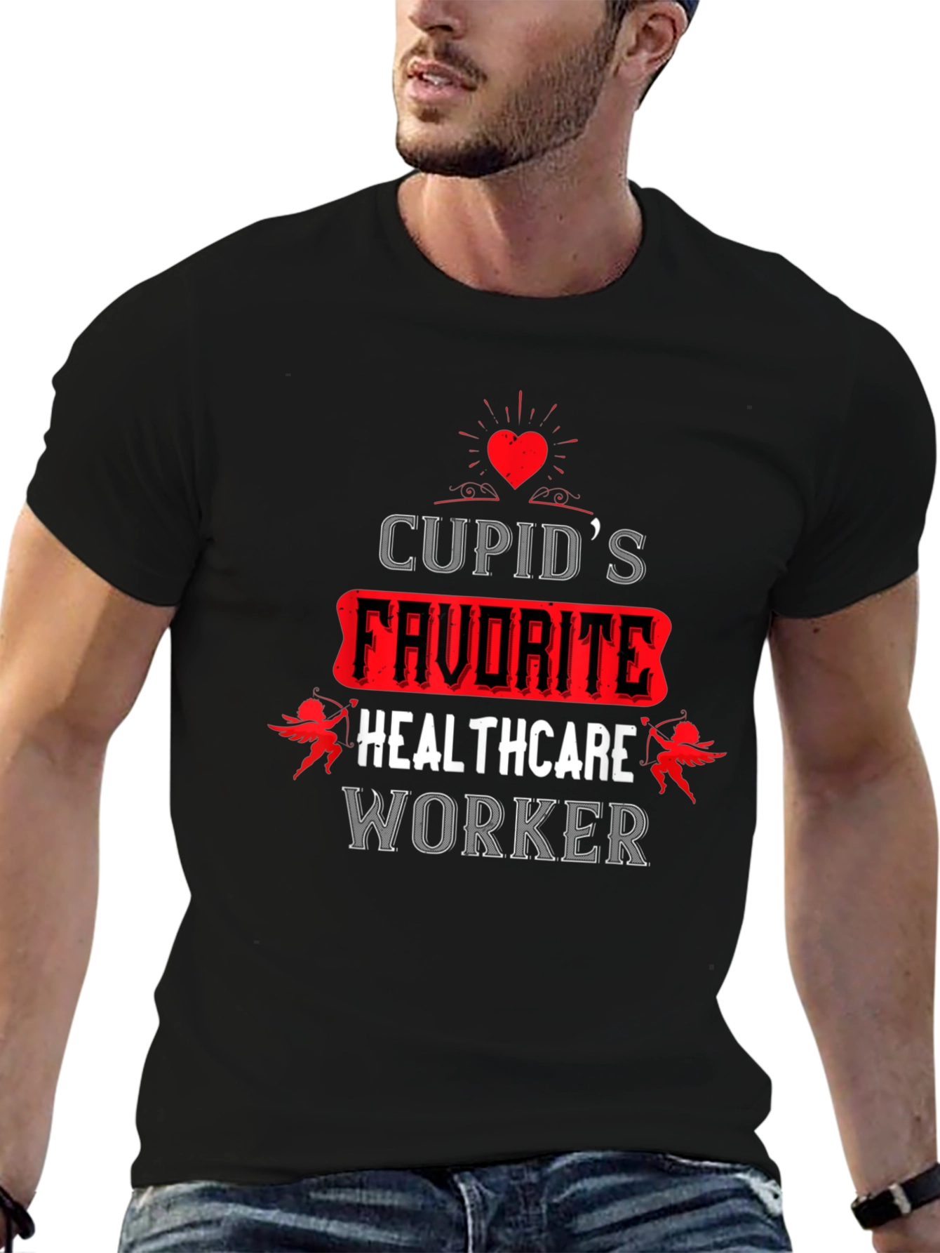 Black Cupid's Favorite Healthcare Worker Black T-Shirt view 6