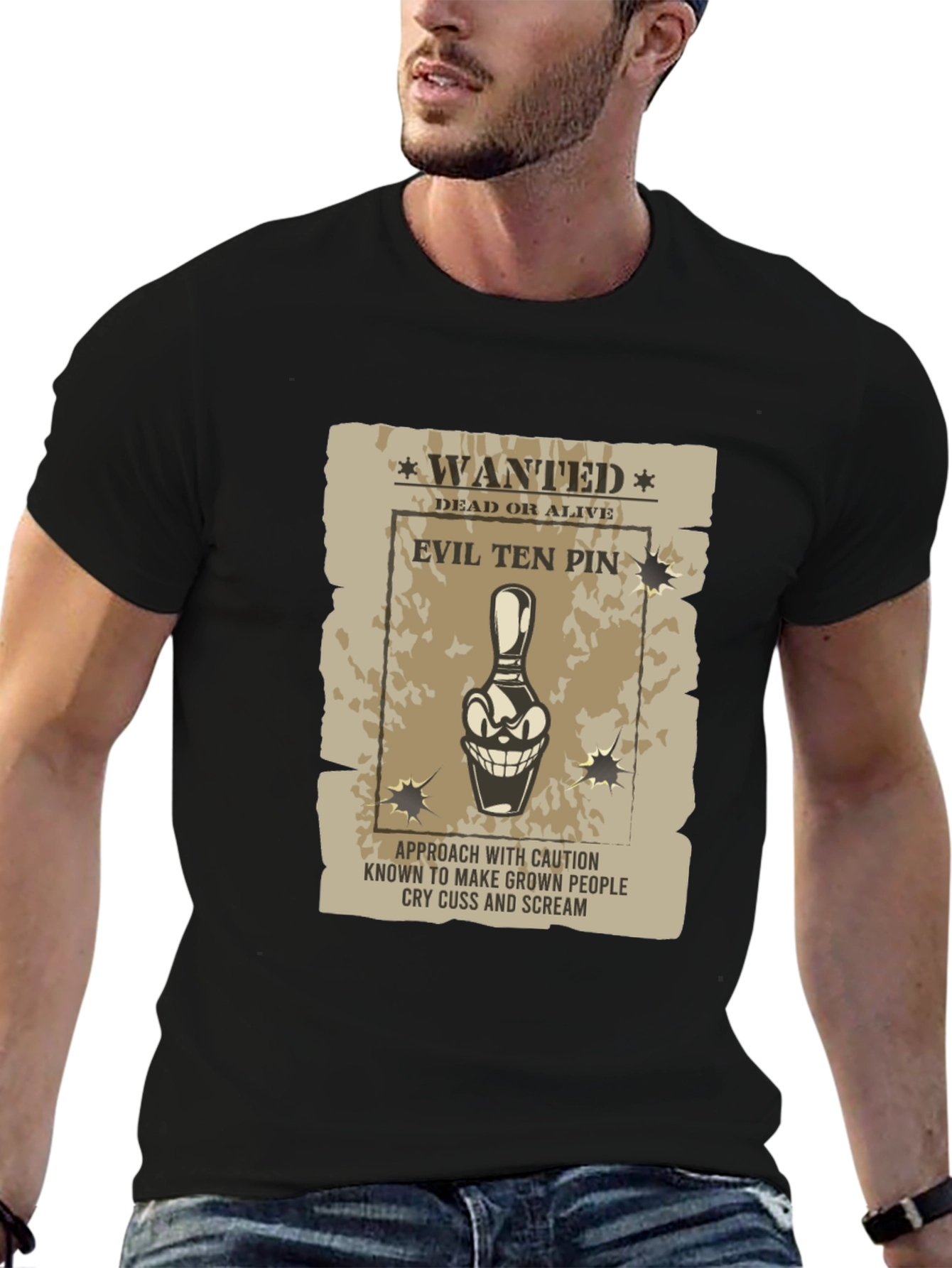Black Evil Ten Pin Wanted T-Shirt - Funny Bowling Tee view 6