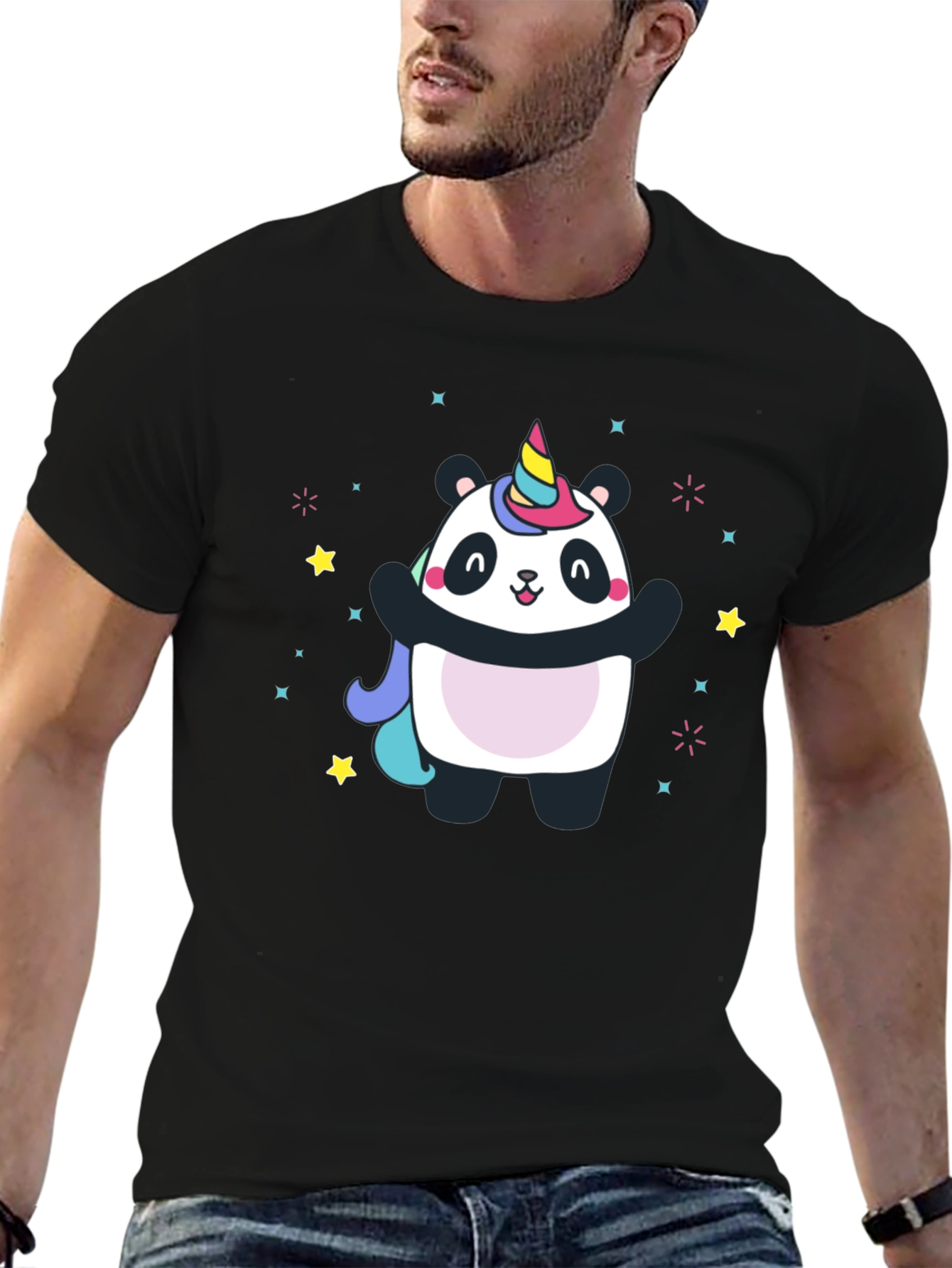 Black Panda Unicorn Graphic Tee - Men's Black T-Shirt view 6