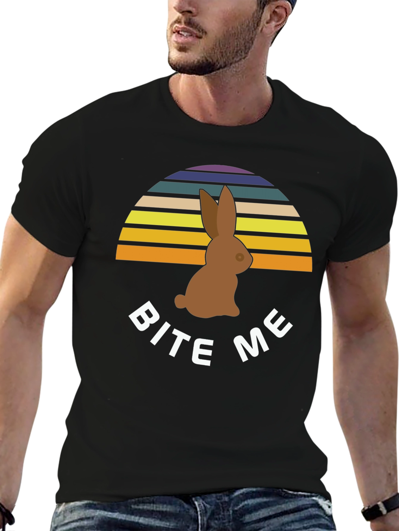 Black Bite Me Easter Bunny T-Shirt - Retro Sunset Chocolate Rabbit Tee view 6