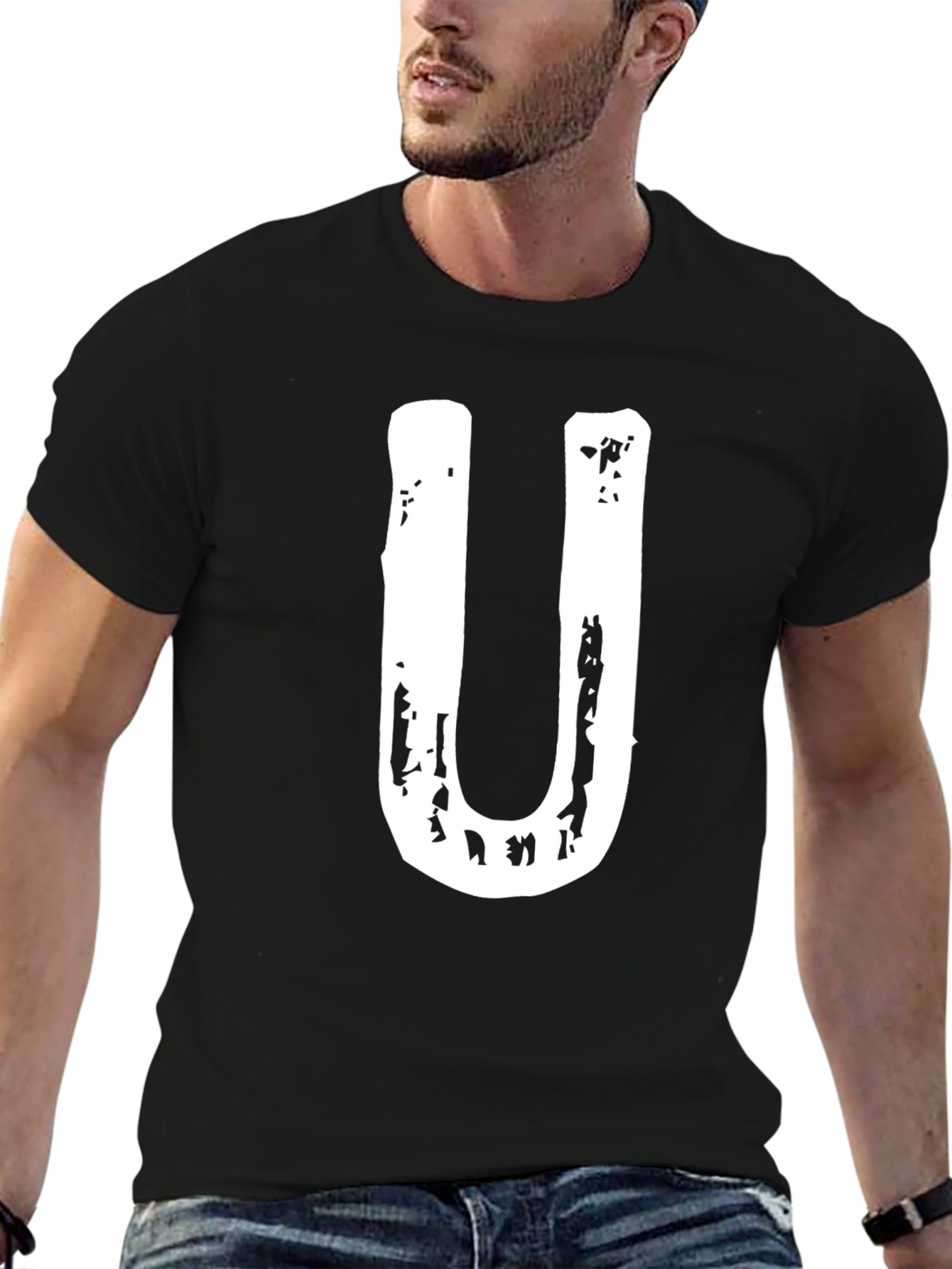 Black Men's Black T-Shirt with White "U" Graphic view 6