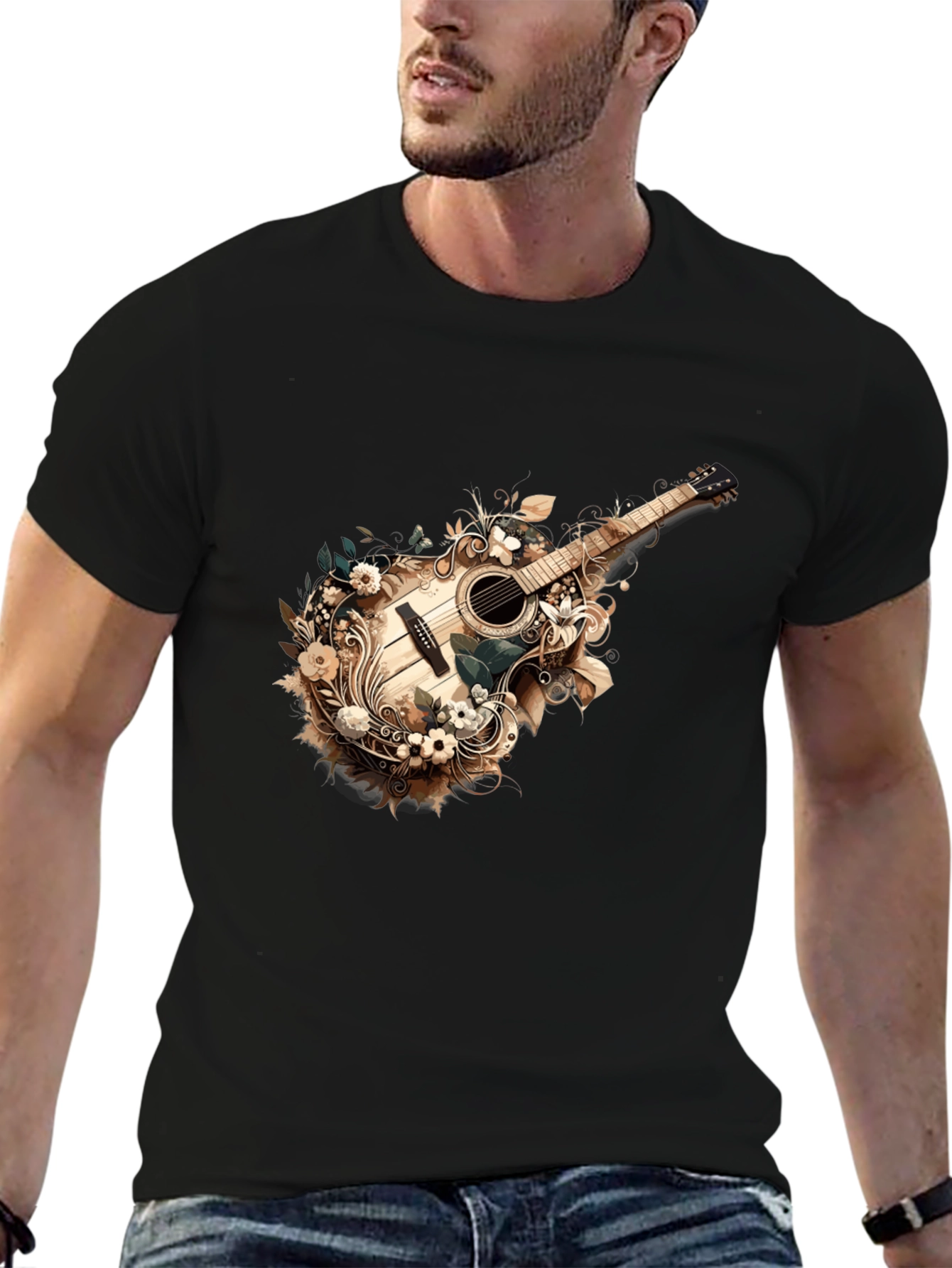 Black Floral Guitar Graphic Tee - Stylish Black T-Shirt view 6