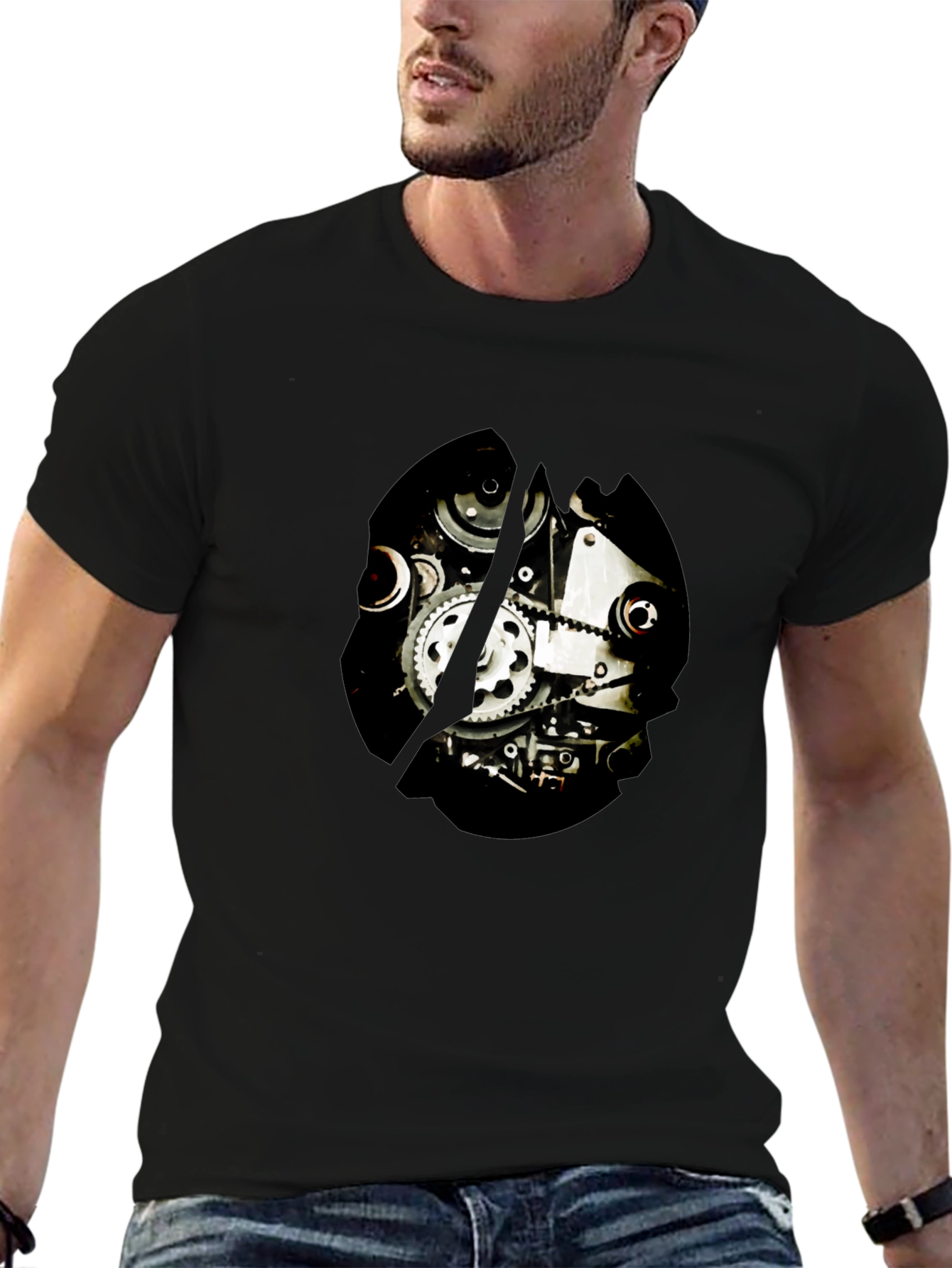 Black Steampunk Gearwork Graphic T-Shirt - Black Cotton Tee view 6