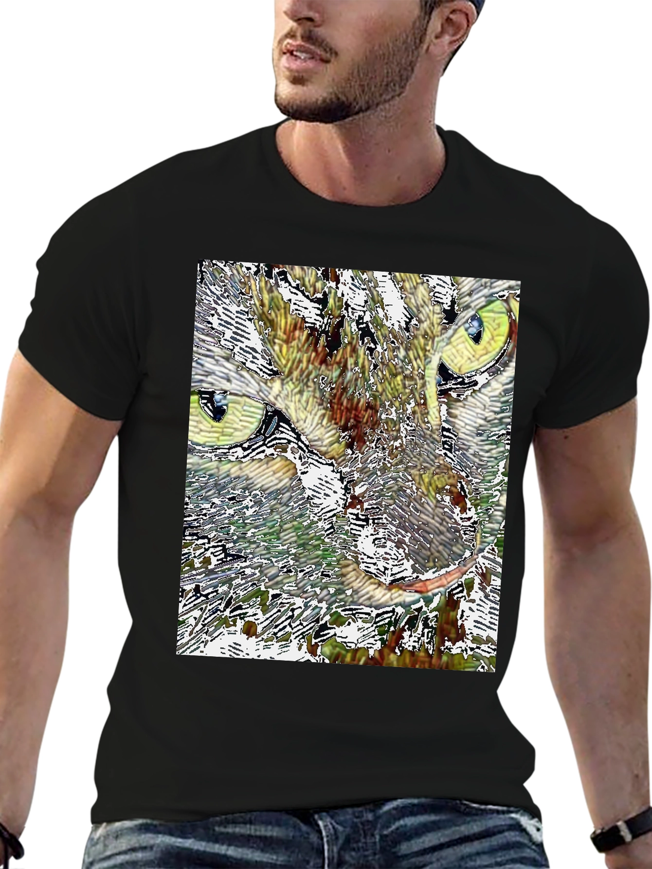 Black Abstract Cat Face Graphic Print Black T-Shirt view 6