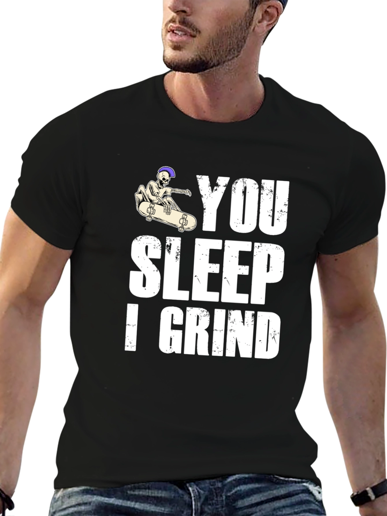 Black You Sleep I Grind Skateboard Graphic T-Shirt view 6