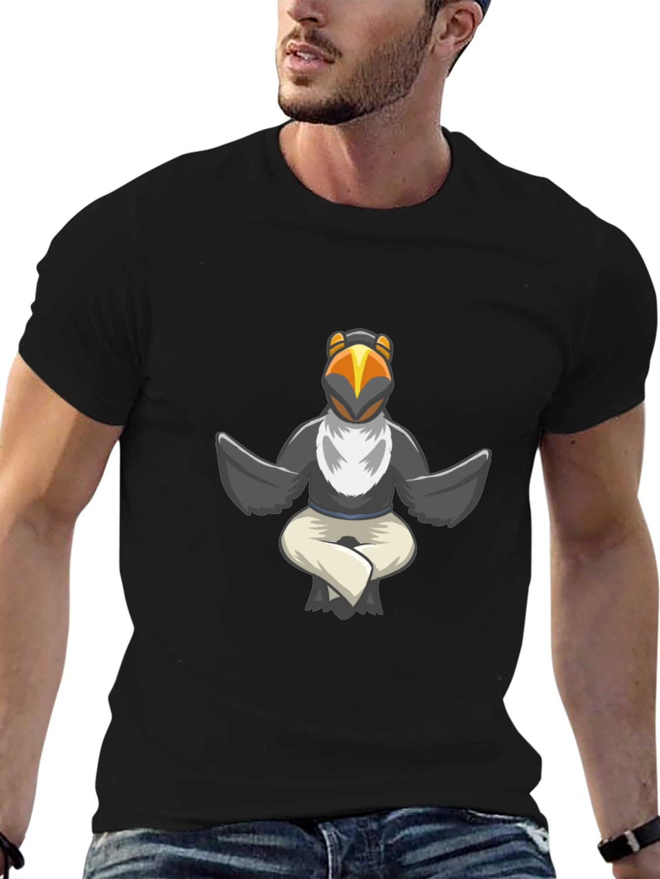 Black Yoga Bird T-Shirt - Meditating Cartoon Animal Tee view 6
